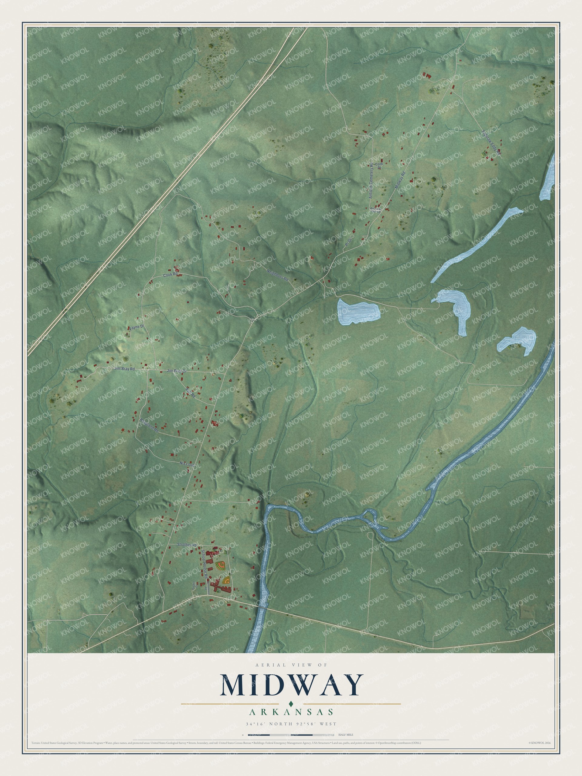 Full map of Midway, Arkansas, with red buildings, printed street names and the land around them