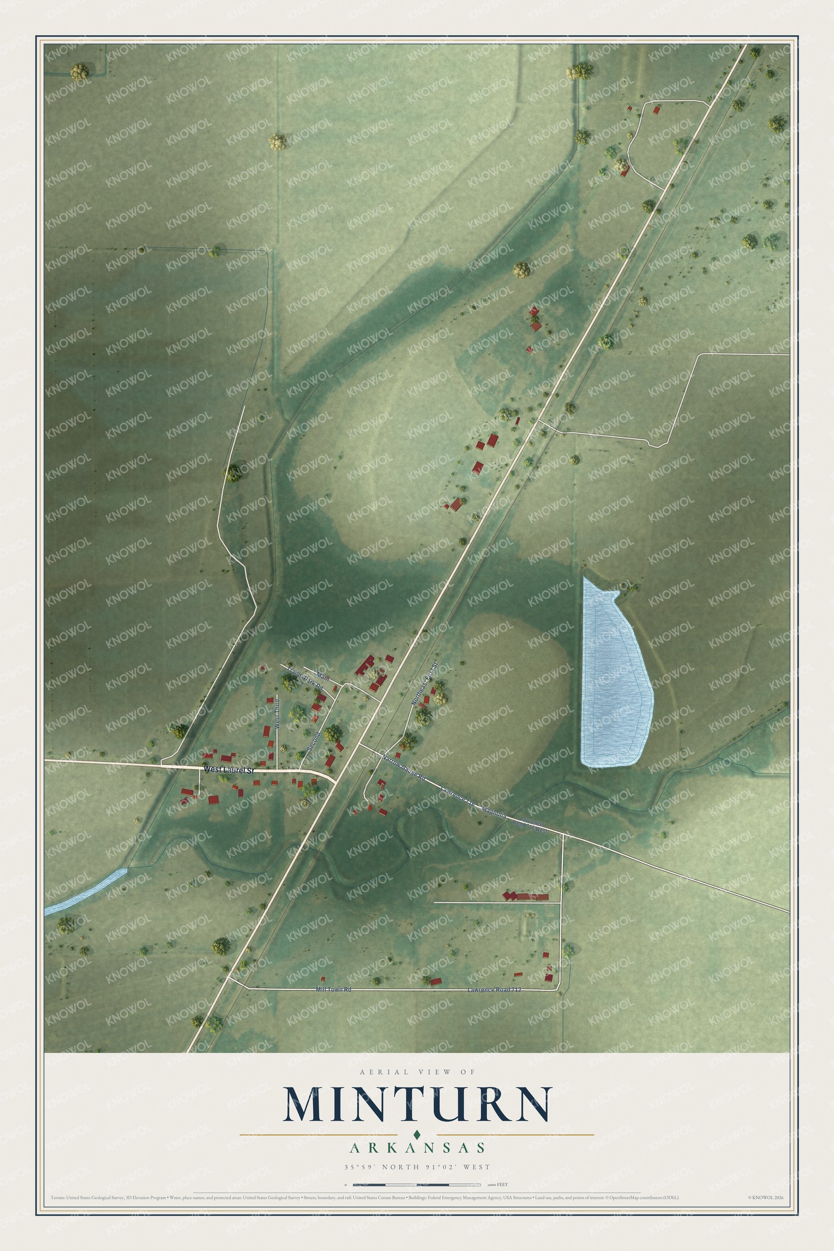 Full map of Minturn, Arkansas, with red buildings, printed street names and the land around them