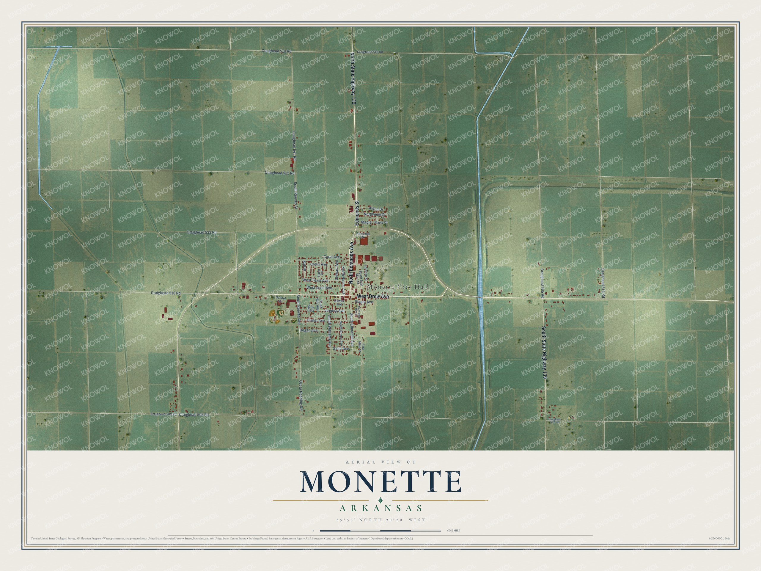 Full map of Monette, Arkansas, with red buildings, printed street names and the land around them