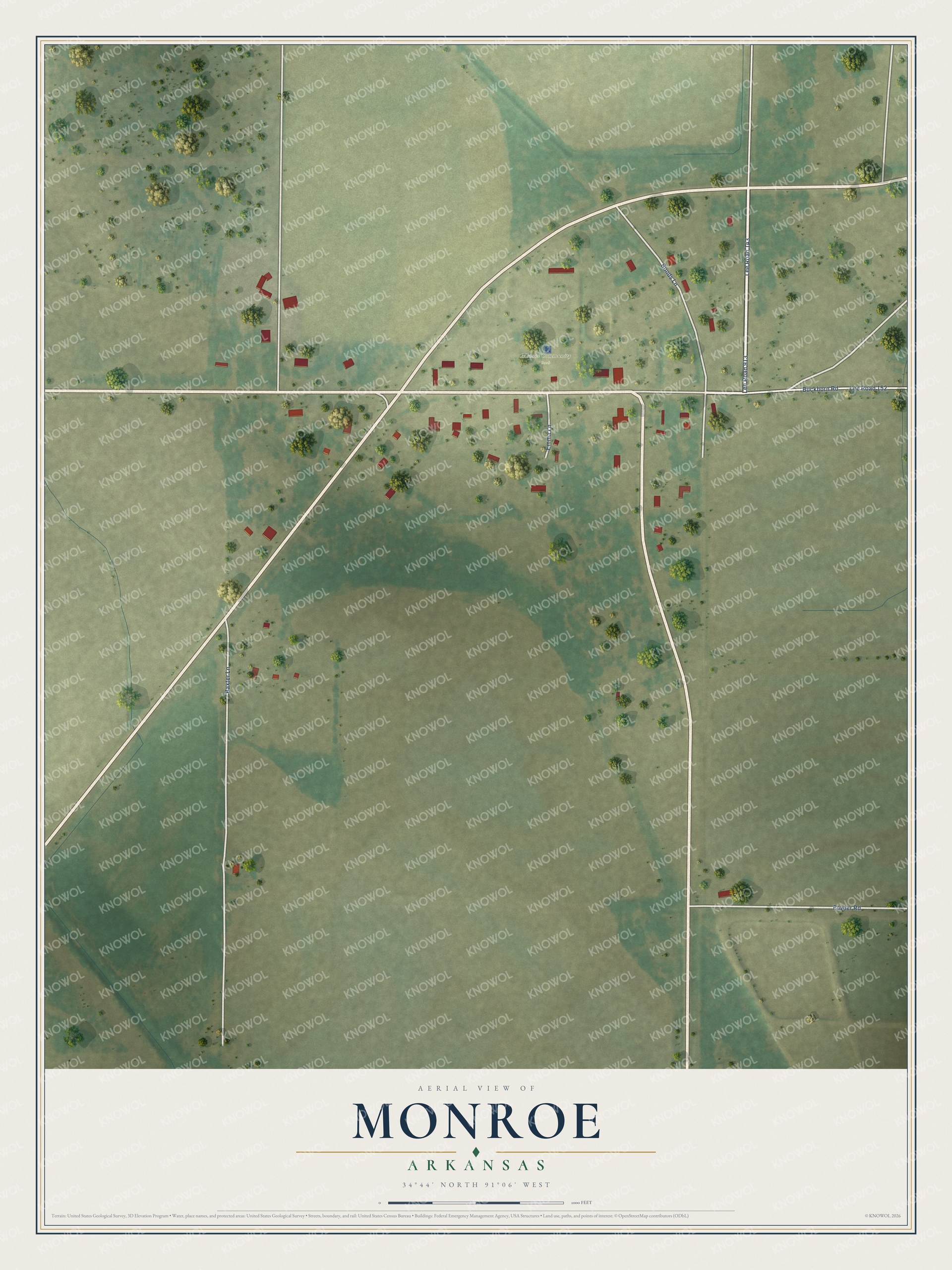 Full map of Monroe, Arkansas, with red buildings, printed street names and the land around them