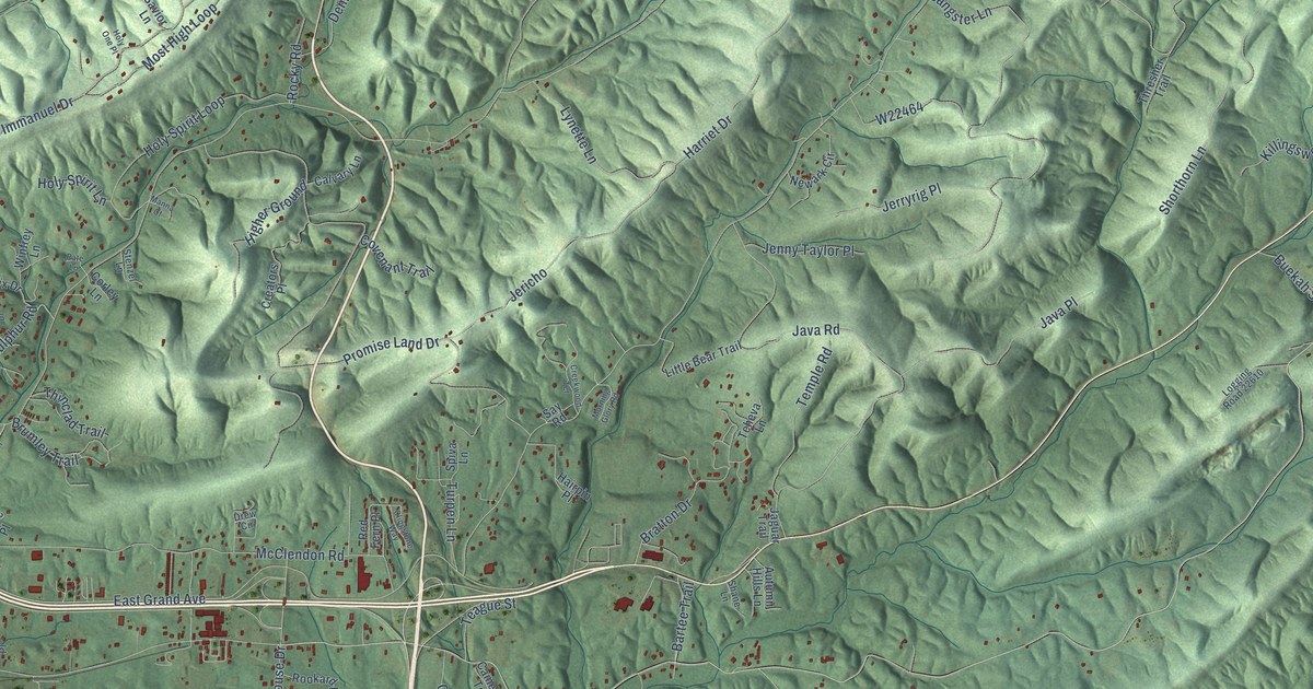 Close-up of streets and buildings in Morning Star, Arkansas