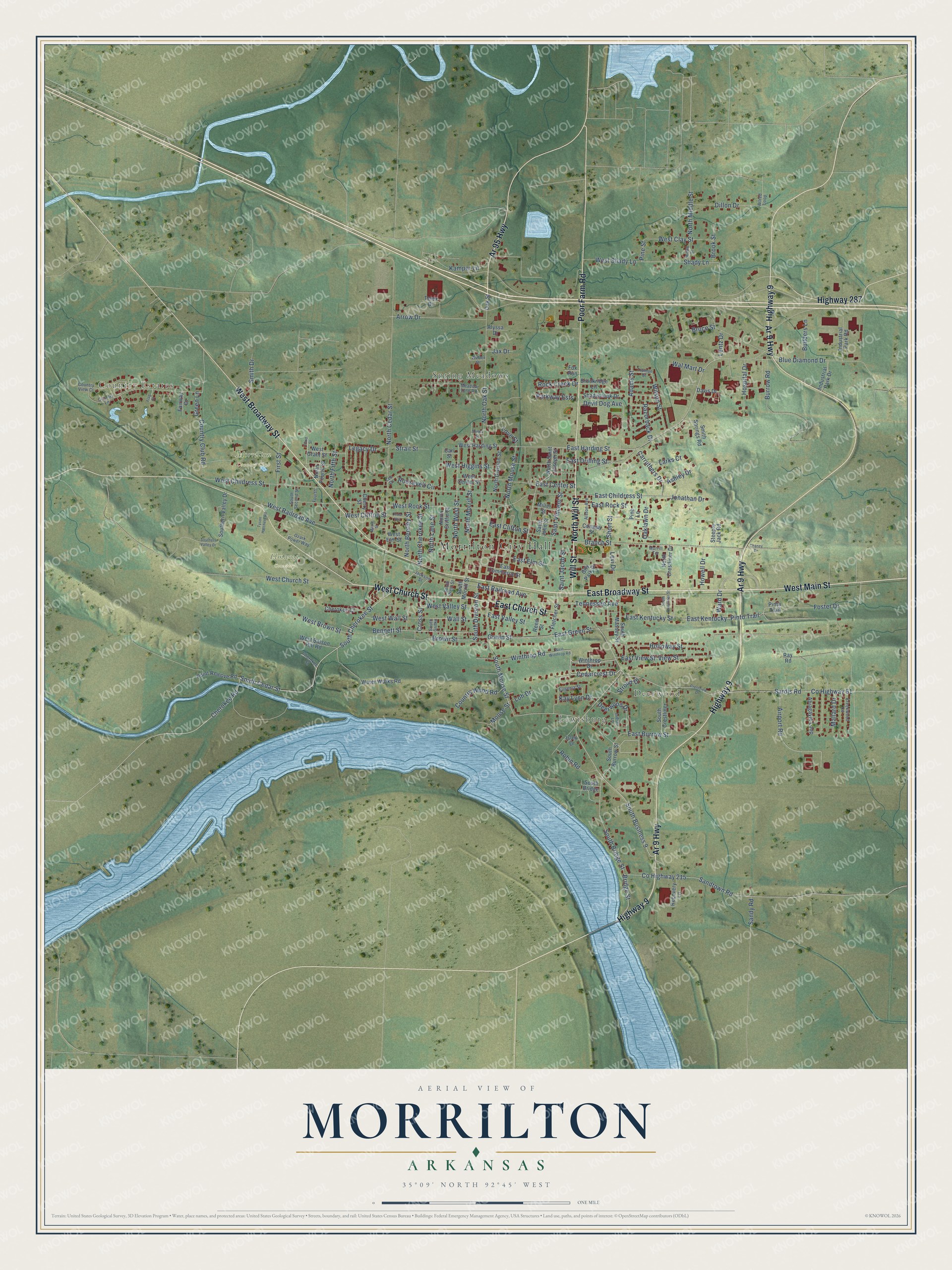Full map of Morrilton, Arkansas, with red buildings, printed street names and the land around them