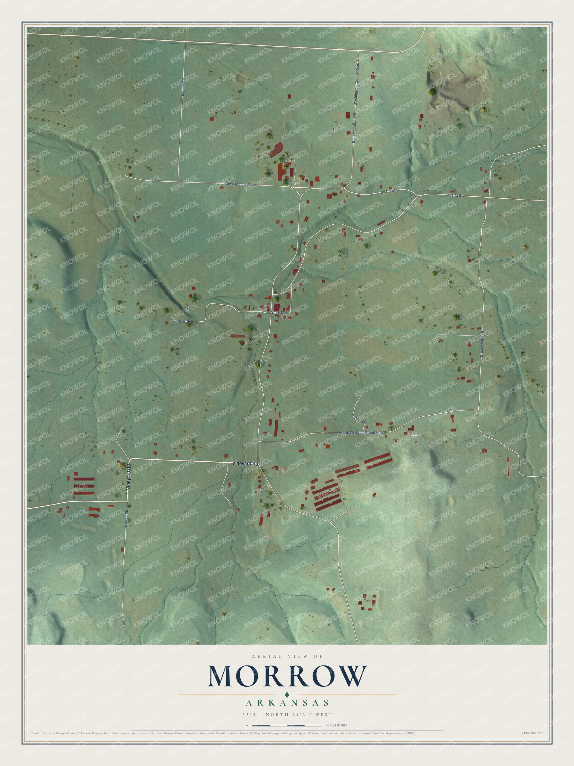 Full map of Morrow, Arkansas, with red buildings, printed street names and the land around them