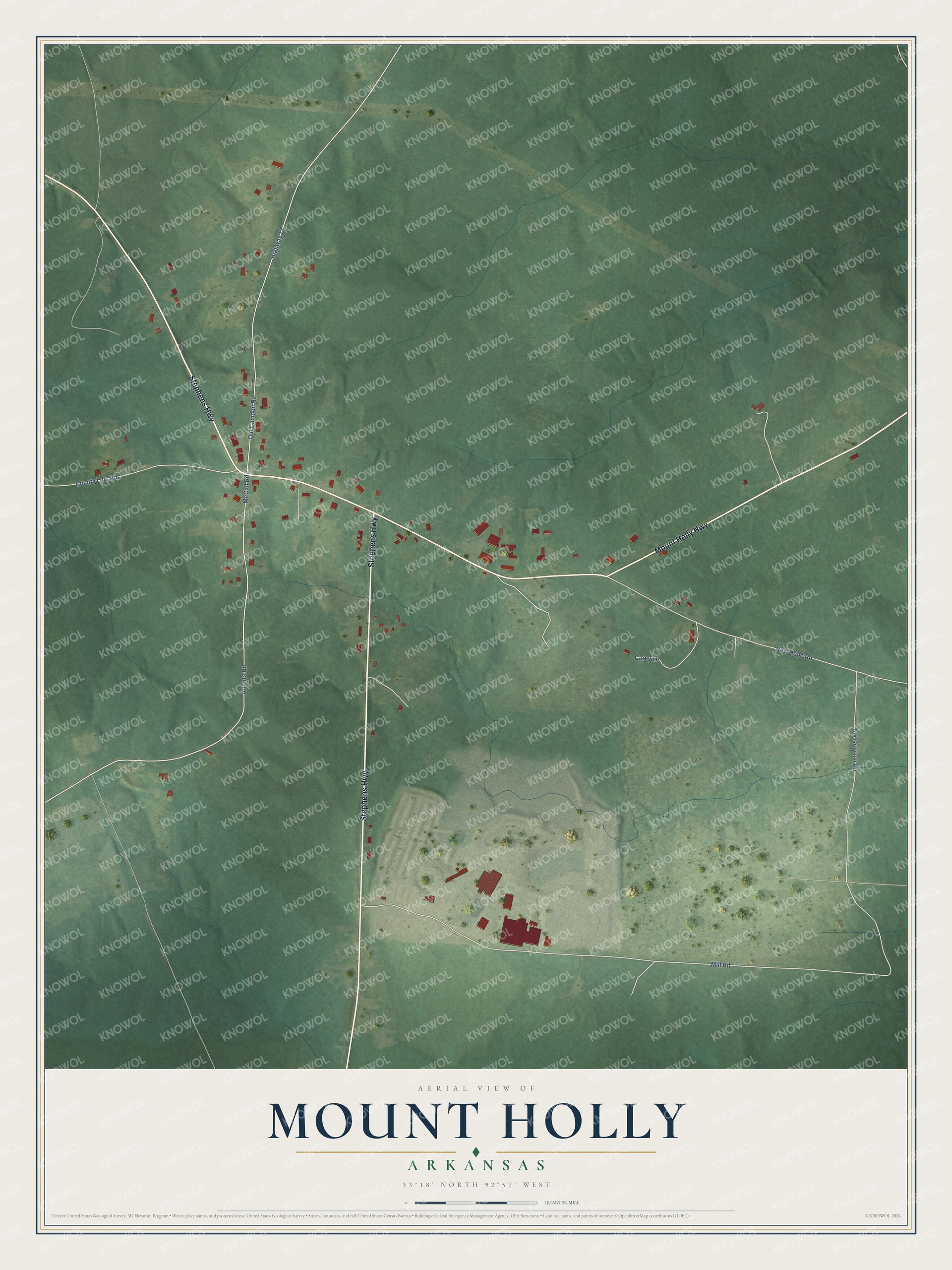 Full map of Mount Holly, Arkansas, with red buildings, printed street names and the land around them