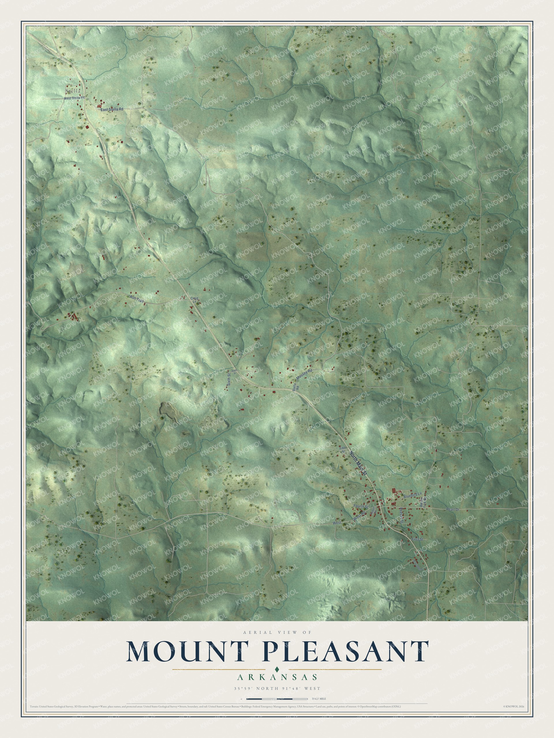 Full map of Mount Pleasant, Arkansas, with red buildings, printed street names and the land around them