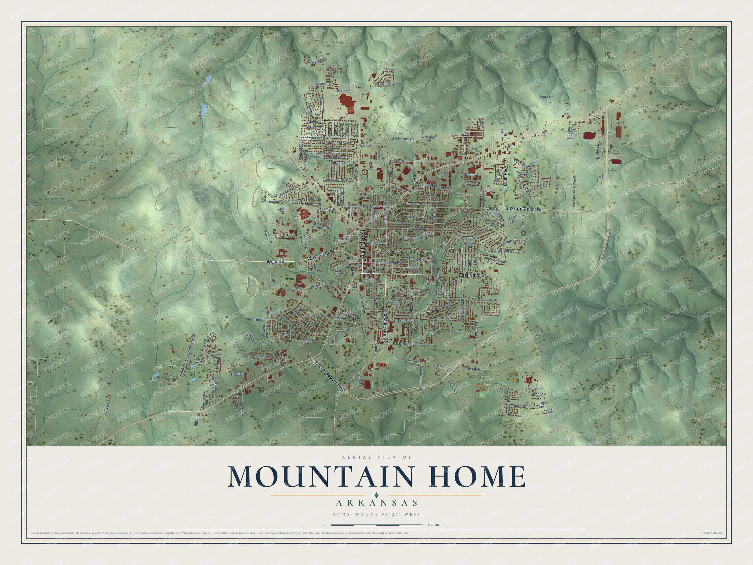 Full map of Mountain Home, Arkansas, with red buildings, printed street names and the land around them