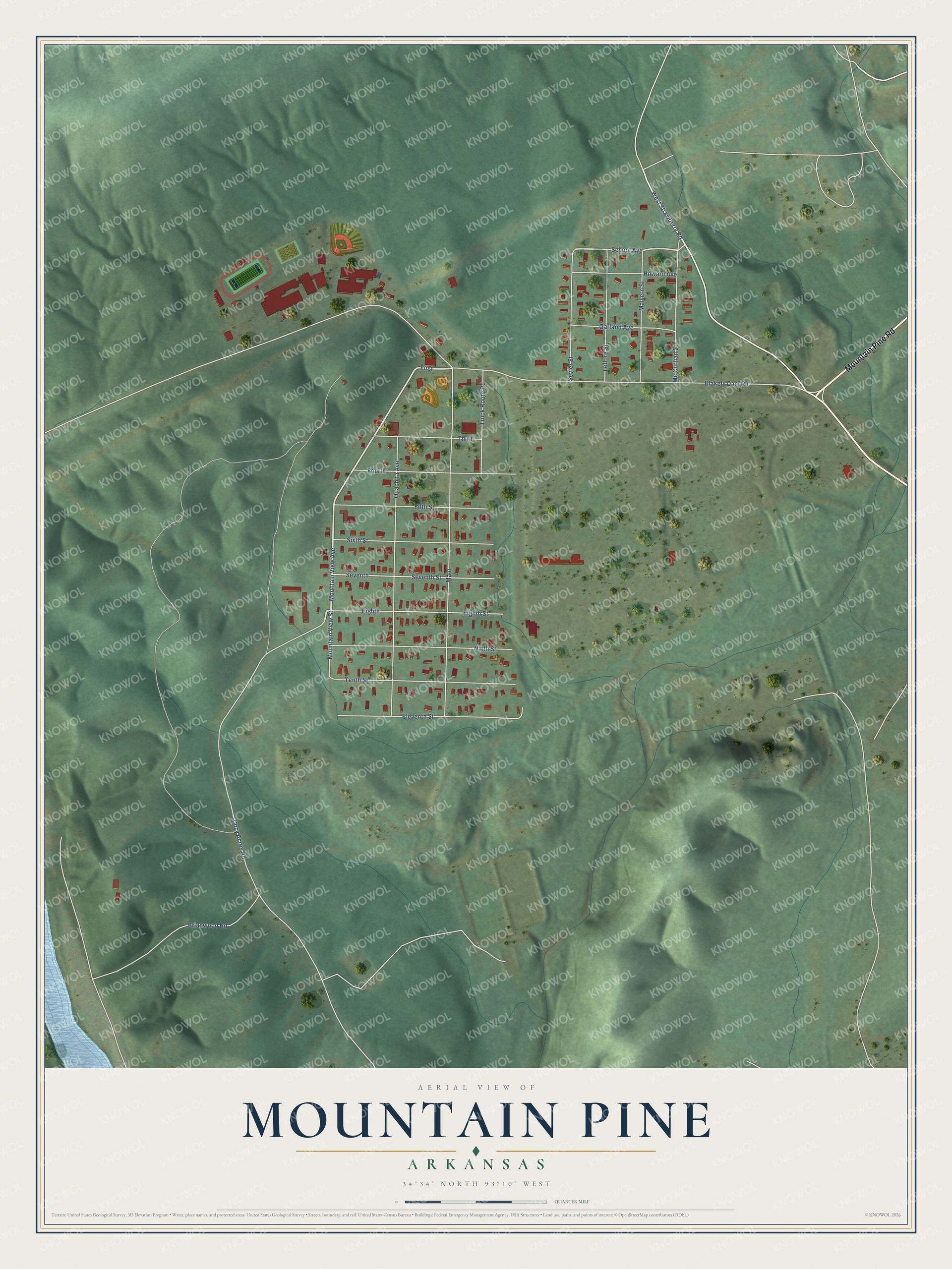 Full map of Mountain Pine, Arkansas, with red buildings, printed street names and the land around them