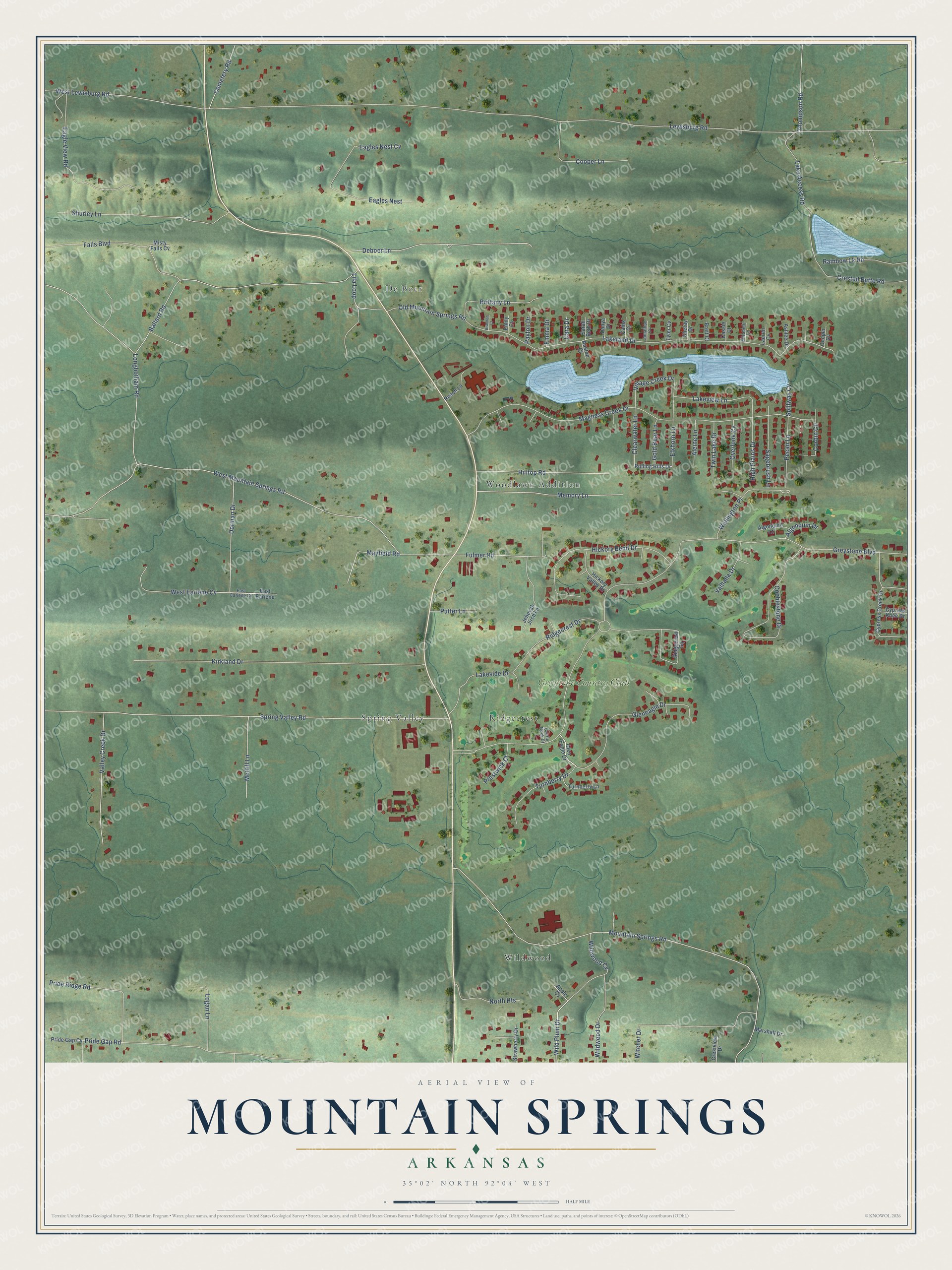 Full map of Mountain Springs, Arkansas, with red buildings, printed street names and the land around them