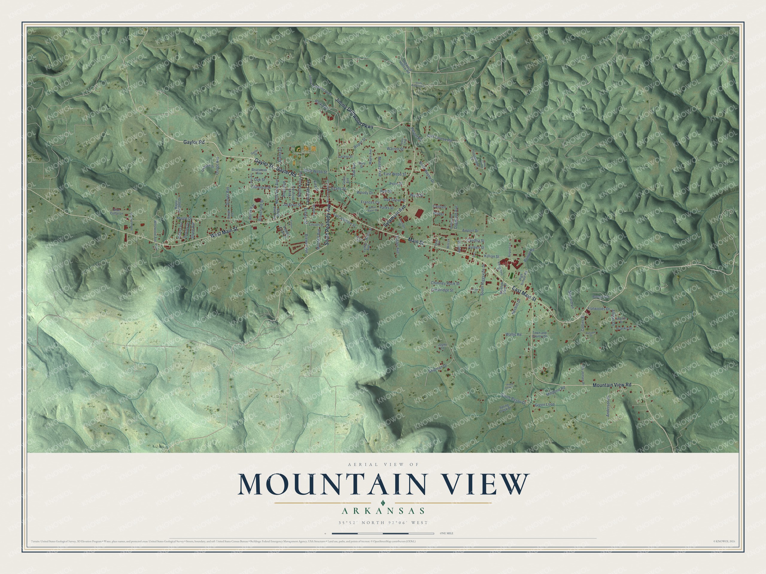 Full map of Mountain View, Arkansas, with red buildings, printed street names and the land around them
