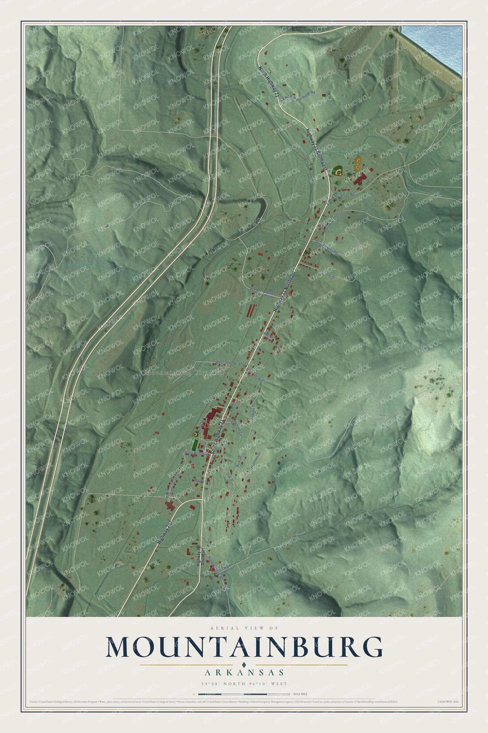 Full map of Mountainburg, Arkansas, with red buildings, printed street names and the land around them