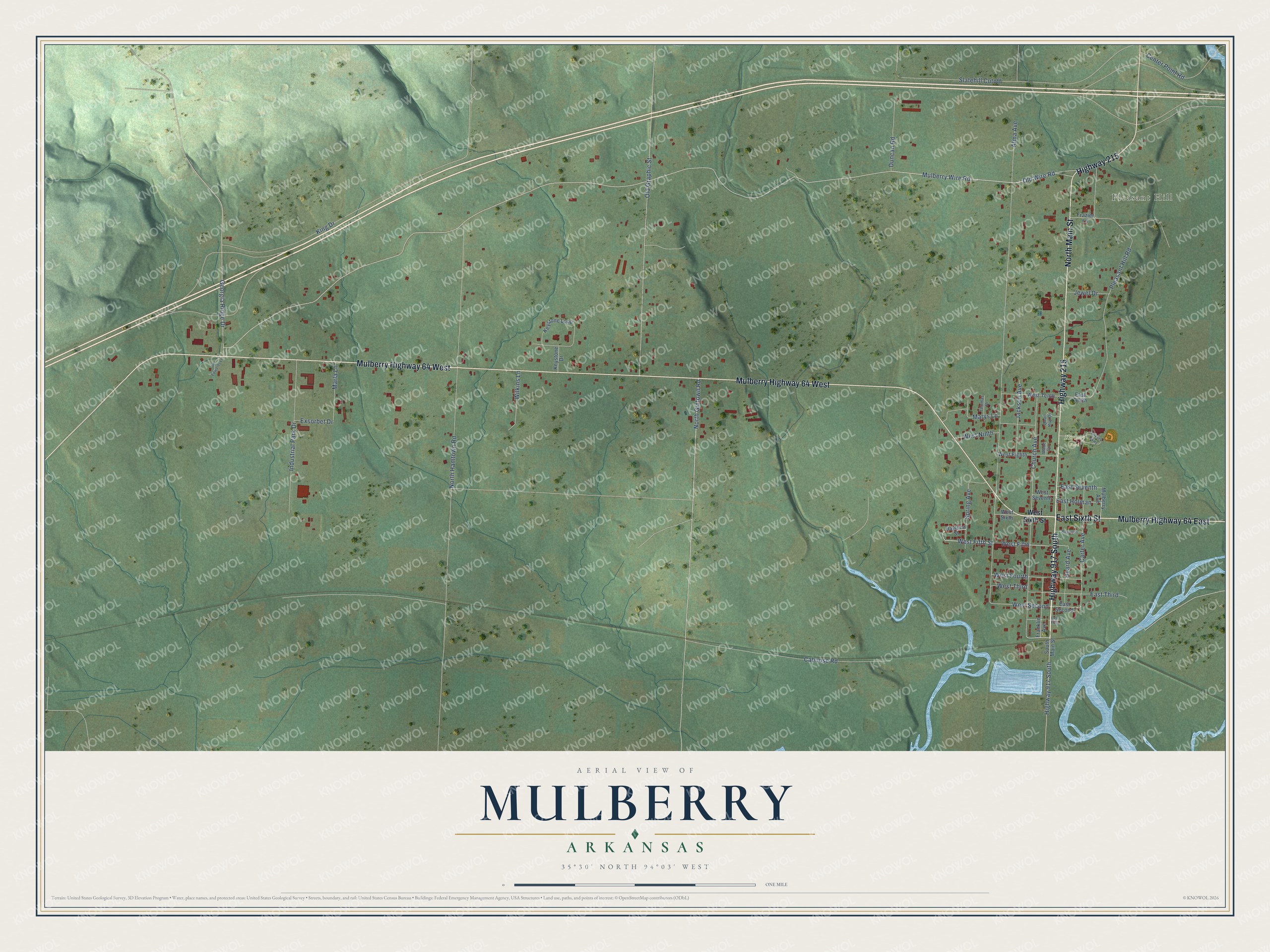 Full map of Mulberry, Arkansas, with red buildings, printed street names and the land around them