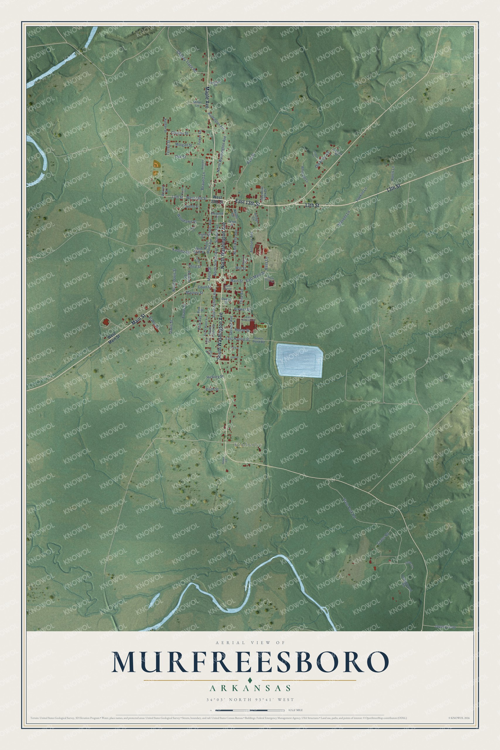 Full map of Murfreesboro, Arkansas, with red buildings, printed street names and the land around them