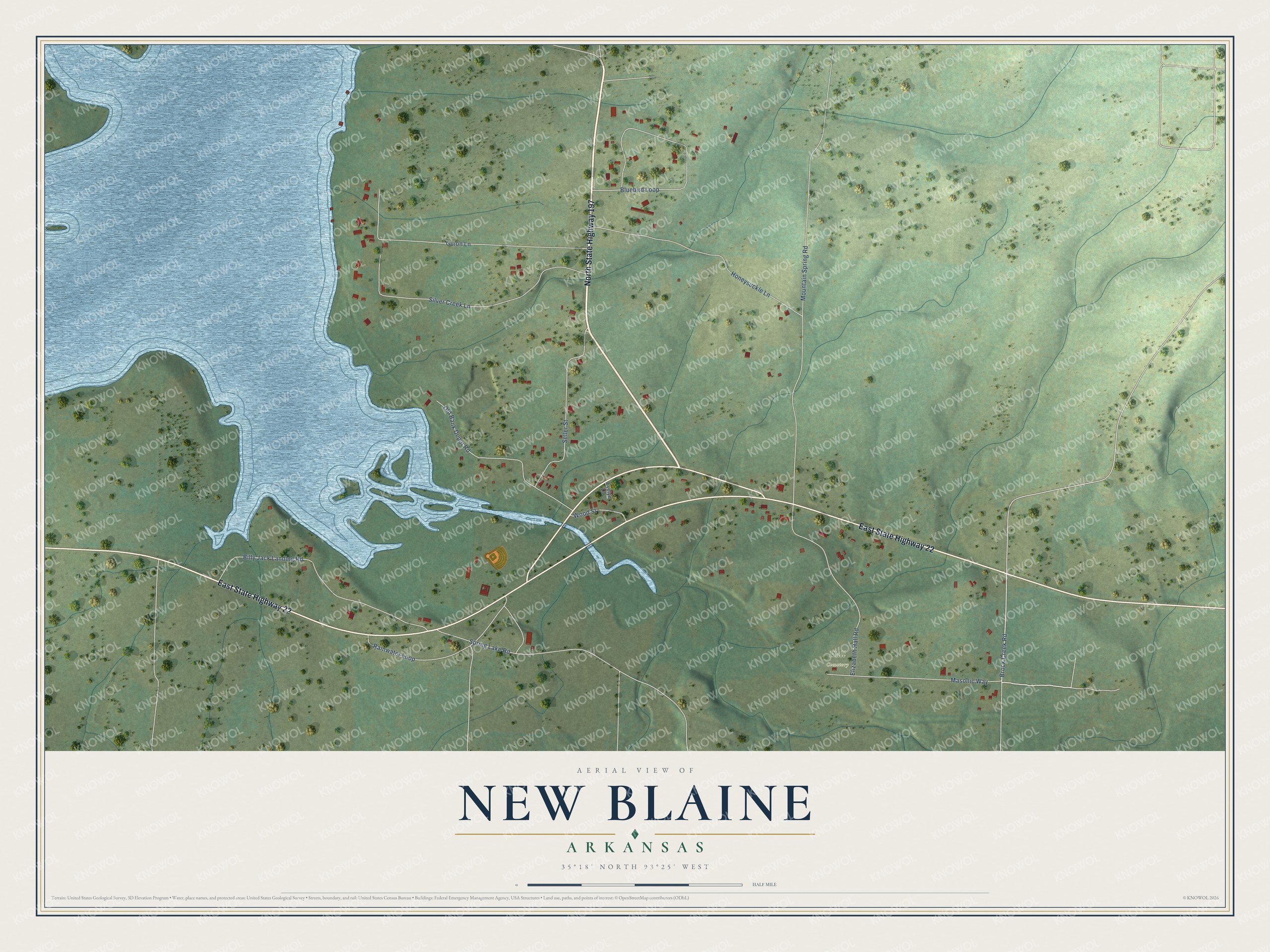 Full map of New Blaine, Arkansas, with red buildings, printed street names and the land around them
