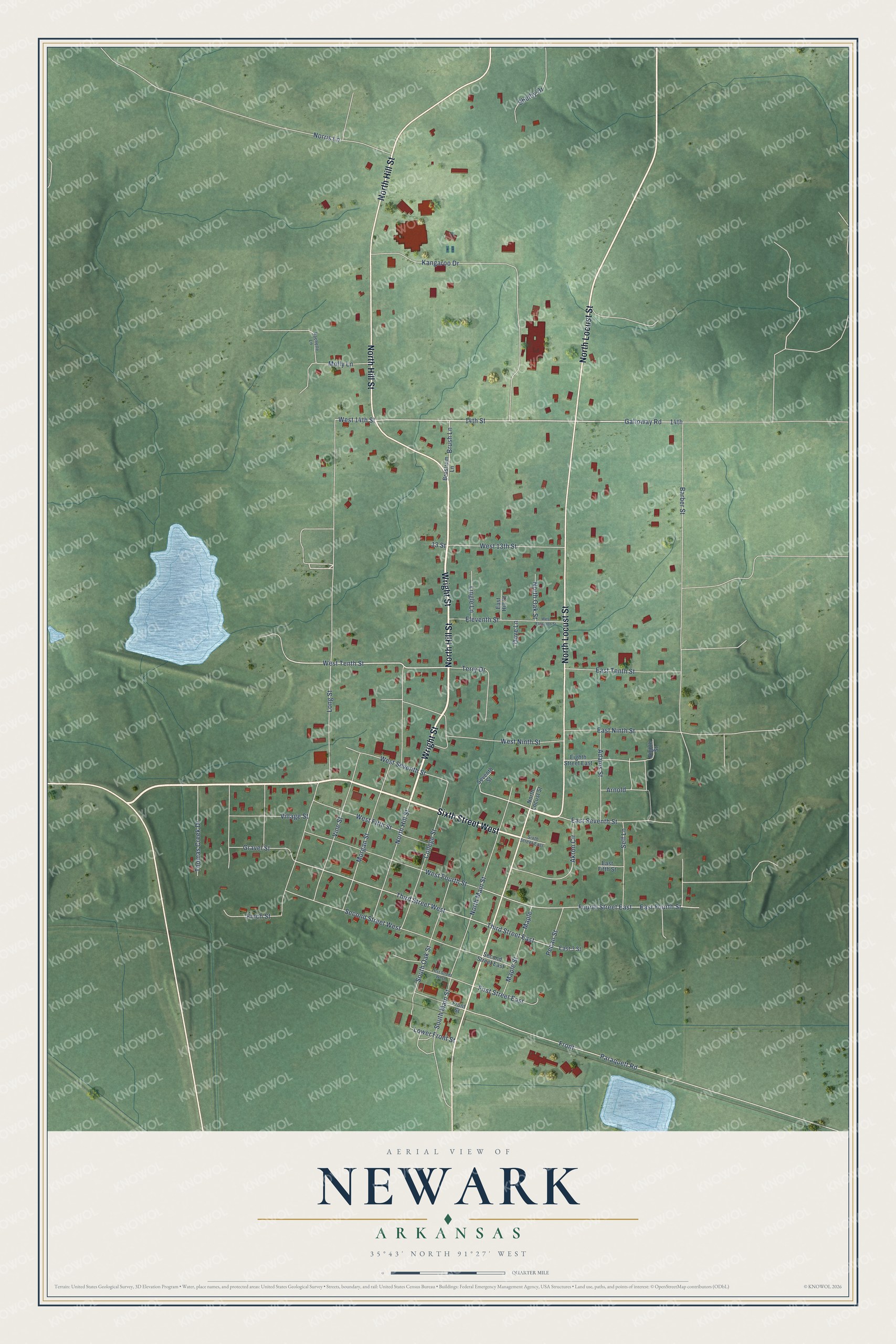 Full map of Newark, Arkansas, with red buildings, printed street names and the land around them