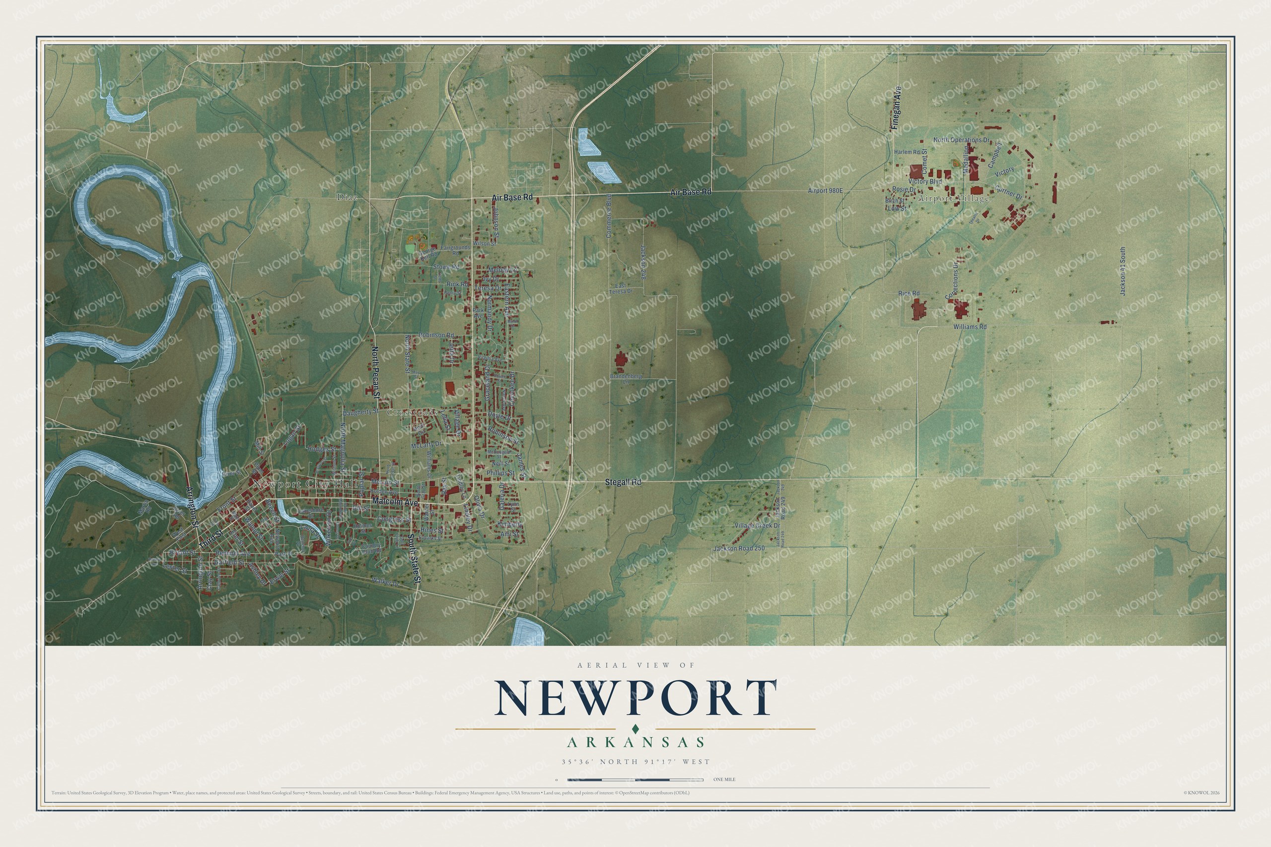 Full map of Newport, Arkansas, with red buildings, printed street names and the land around them