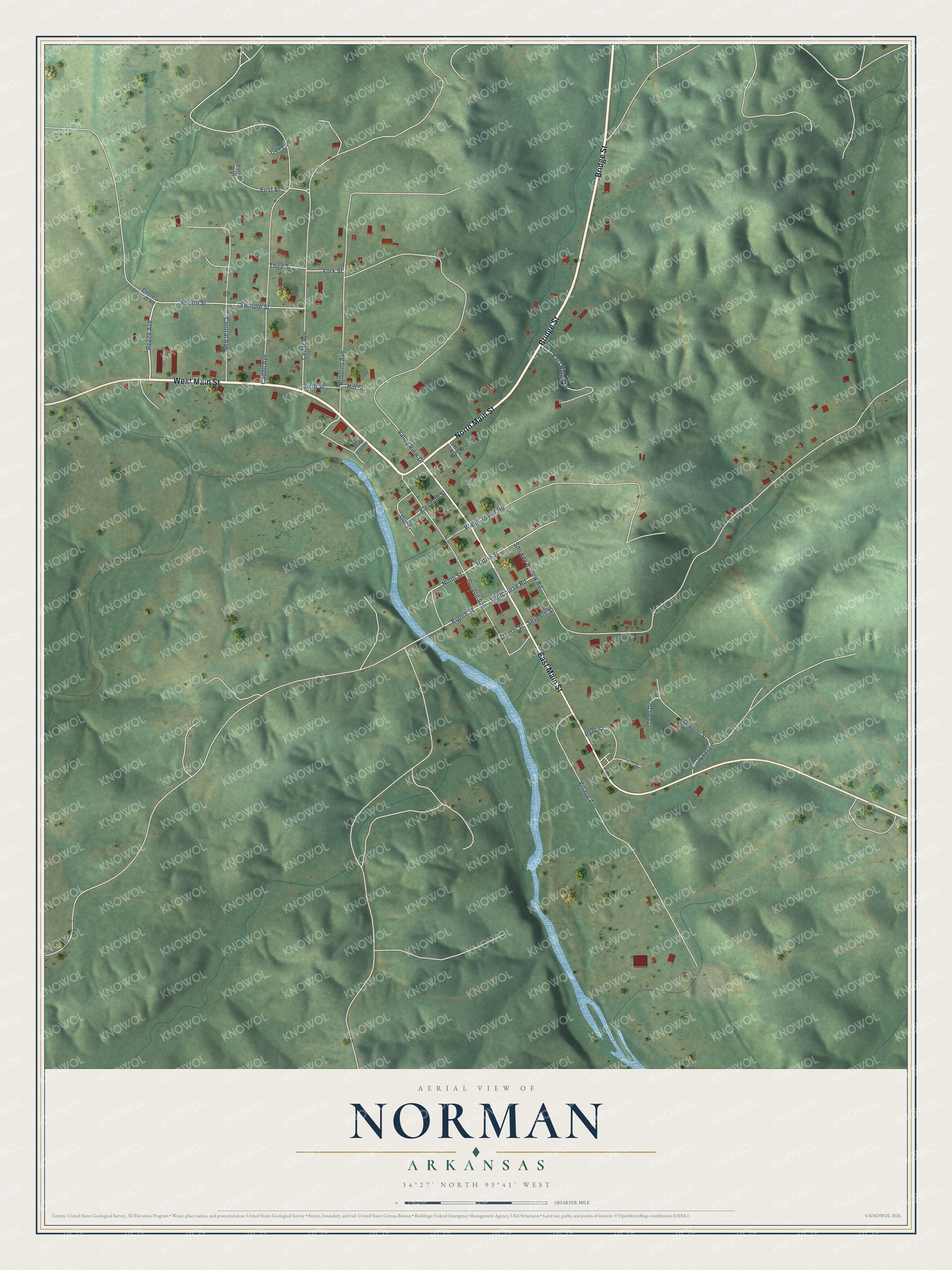 Full map of Norman, Arkansas, with red buildings, printed street names and the land around them
