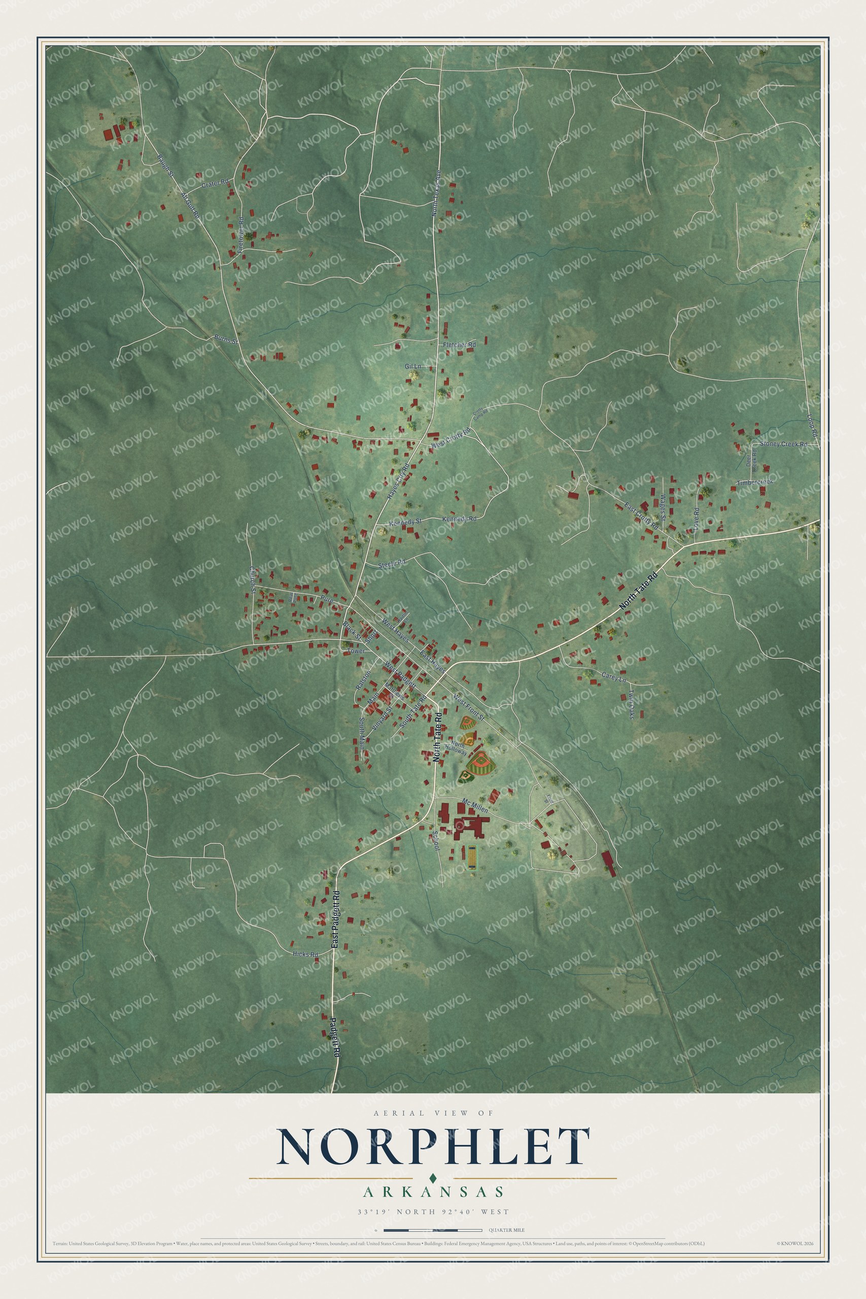 Full map of Norphlet, Arkansas, with red buildings, printed street names and the land around them