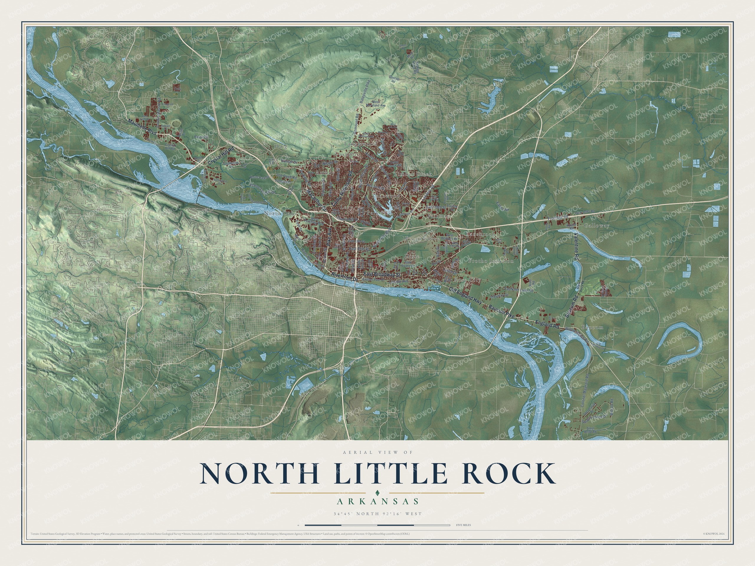 Full map of North Little Rock, Arkansas, with red buildings, printed street names and the land around them