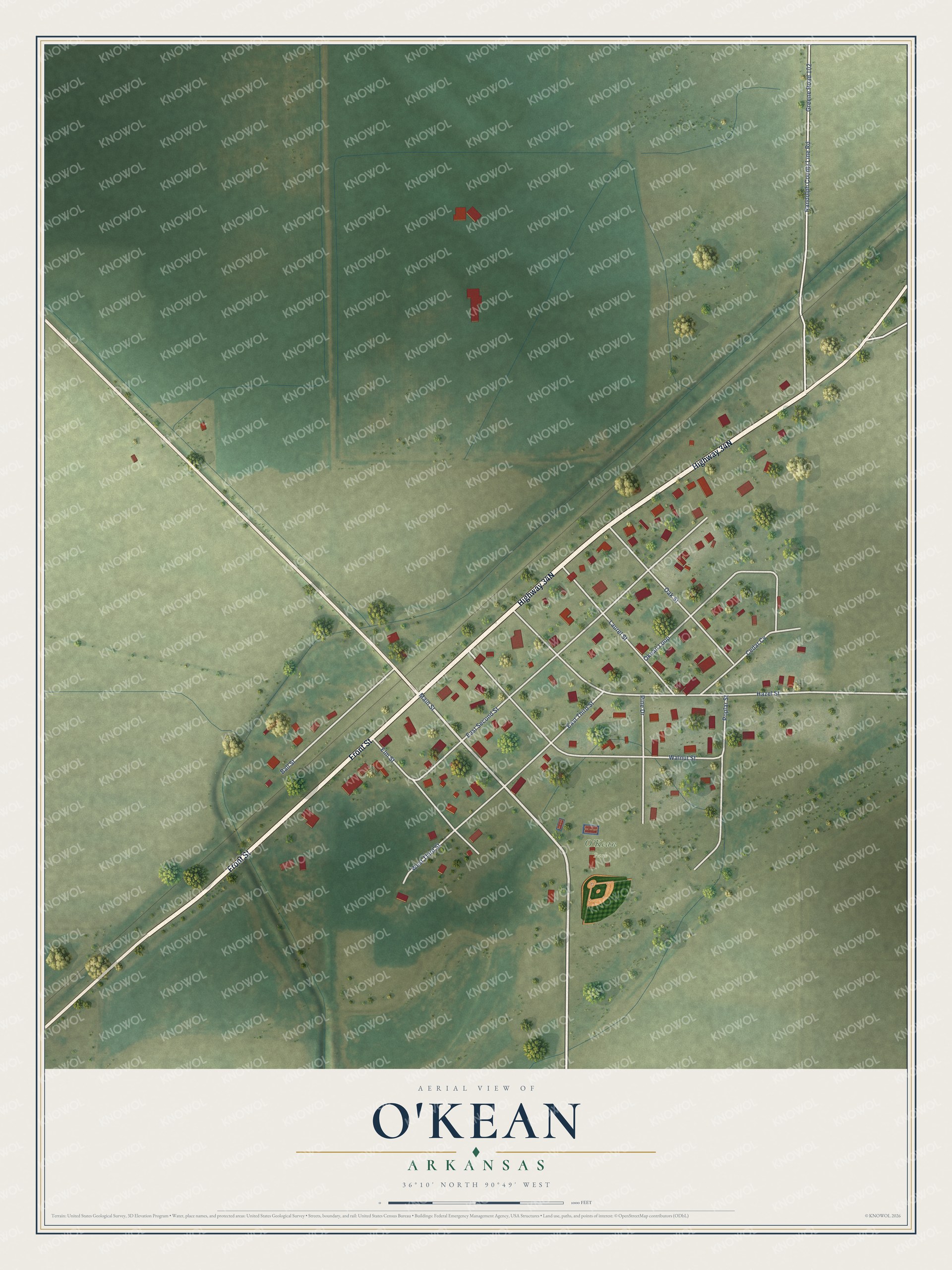 Watermarked full-map preview of O'Kean, Arkansas