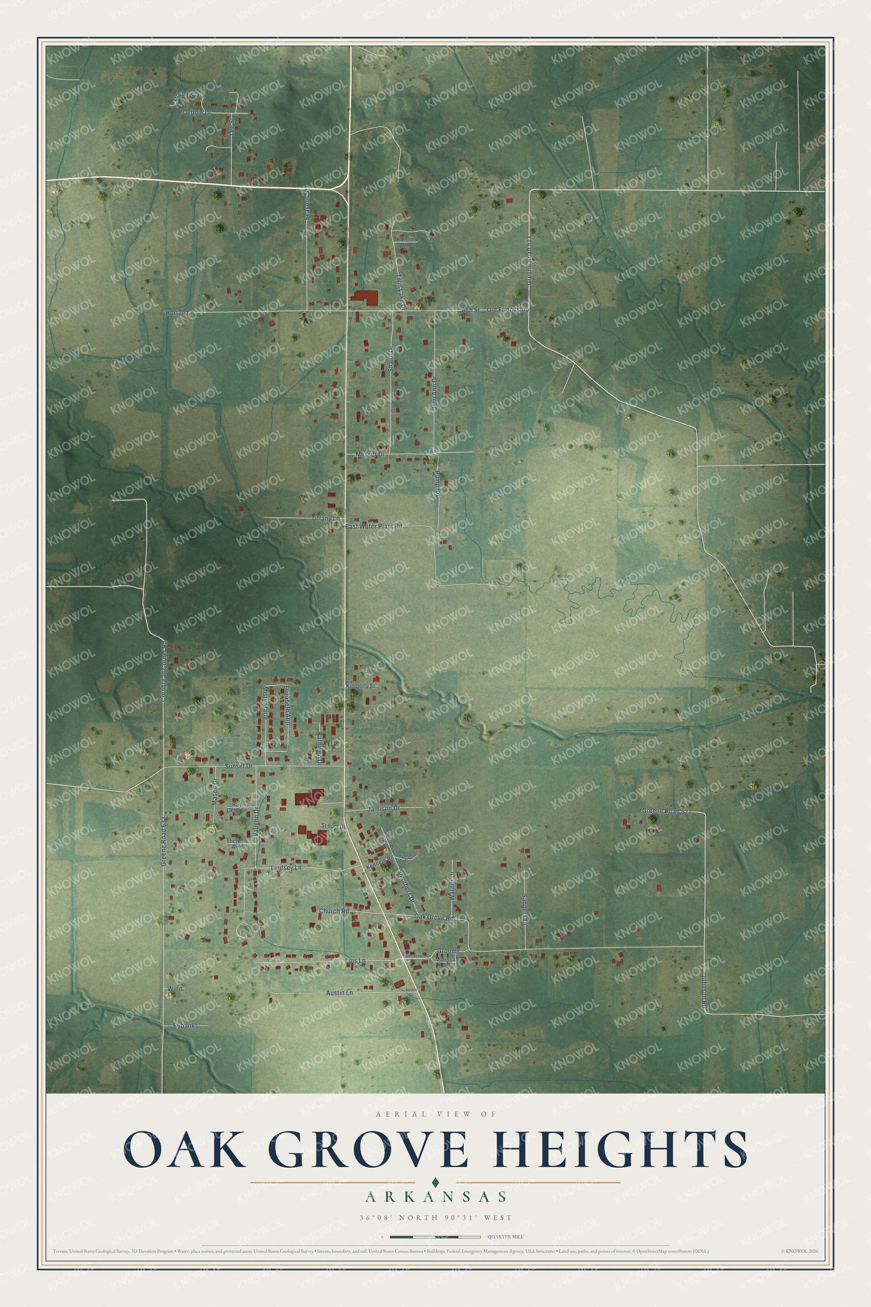 Full map of Oak Grove Heights, Arkansas, with red buildings, printed street names and the land around them