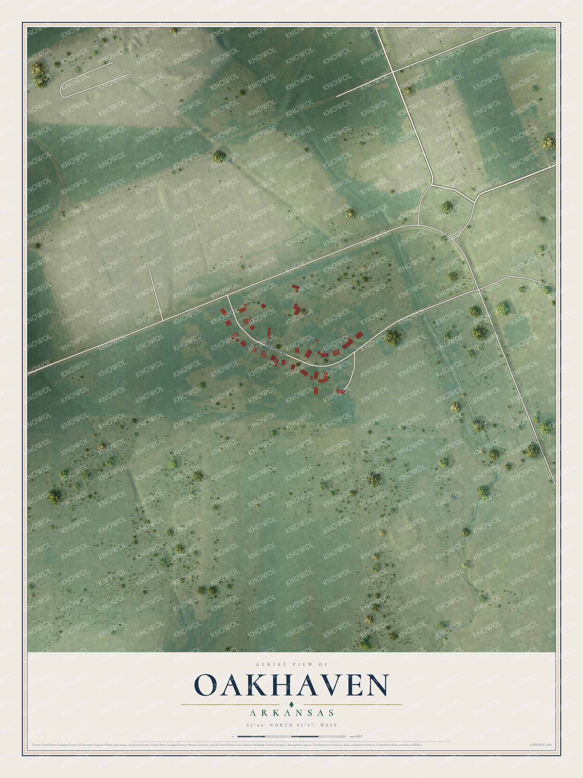 Full map of Oakhaven, Arkansas, with red buildings, printed street names and the land around them