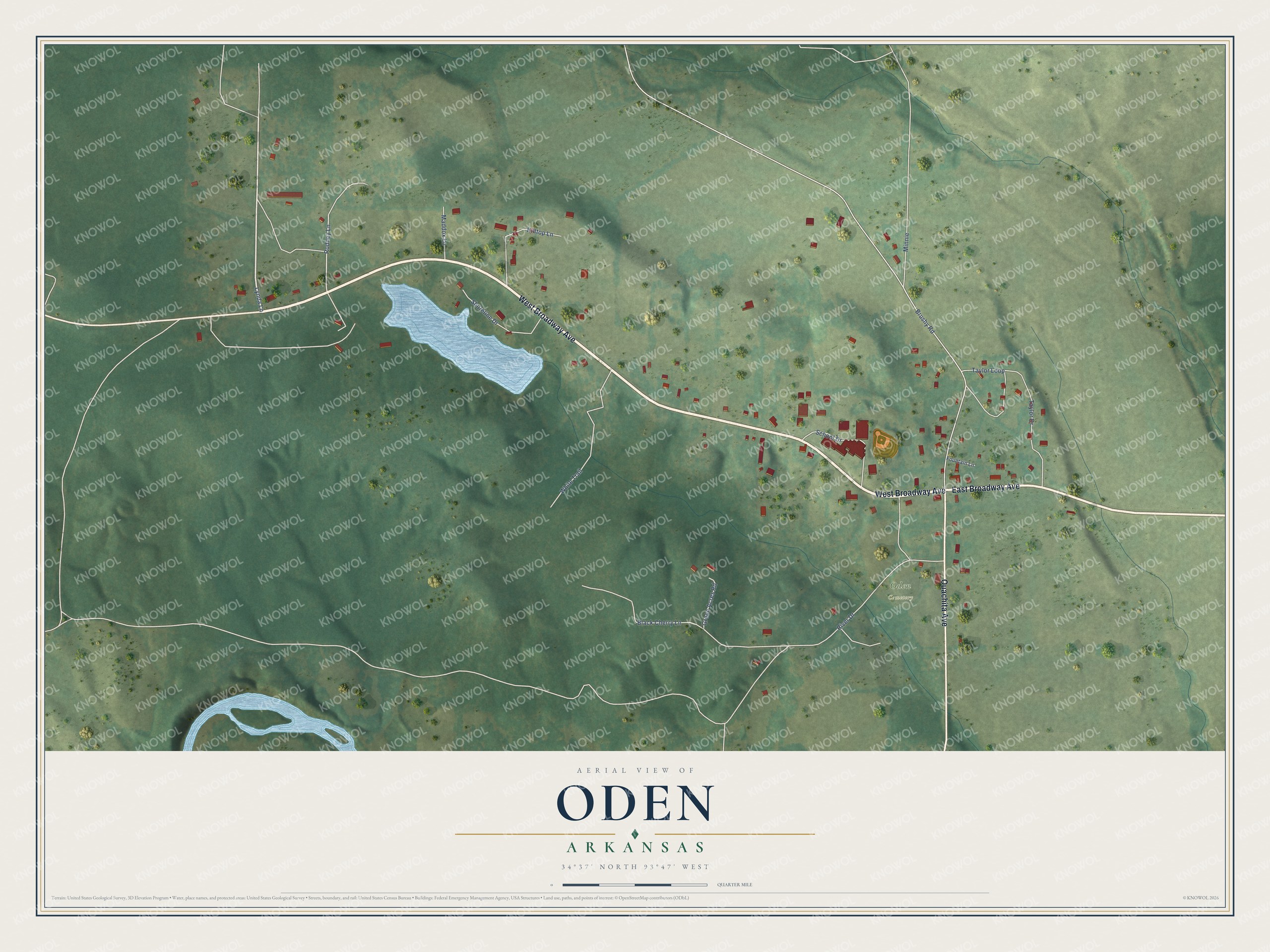 Full map of Oden, Arkansas, with red buildings, printed street names and the land around them