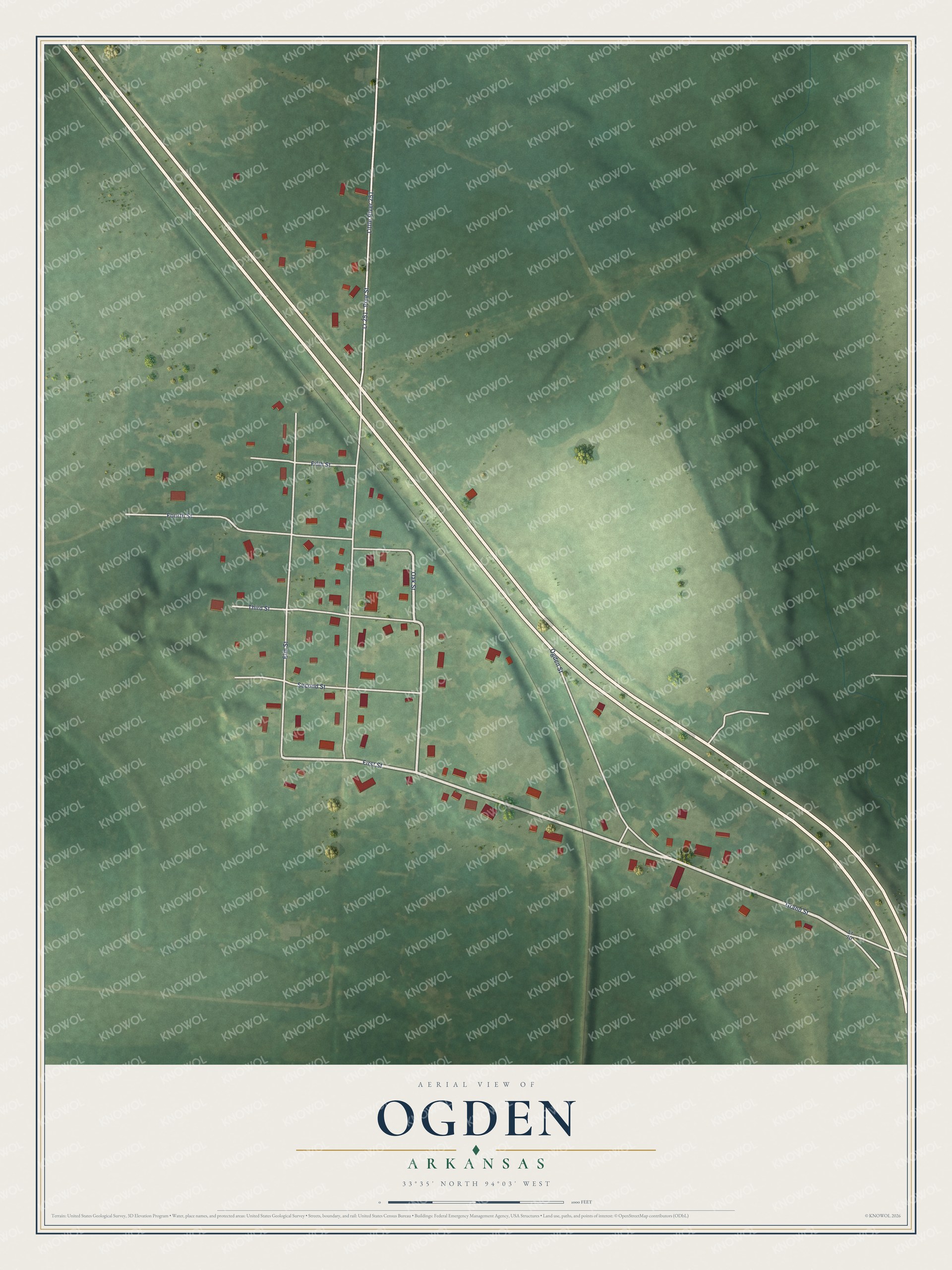 Full map of Ogden, Arkansas, with red buildings, printed street names and the land around them