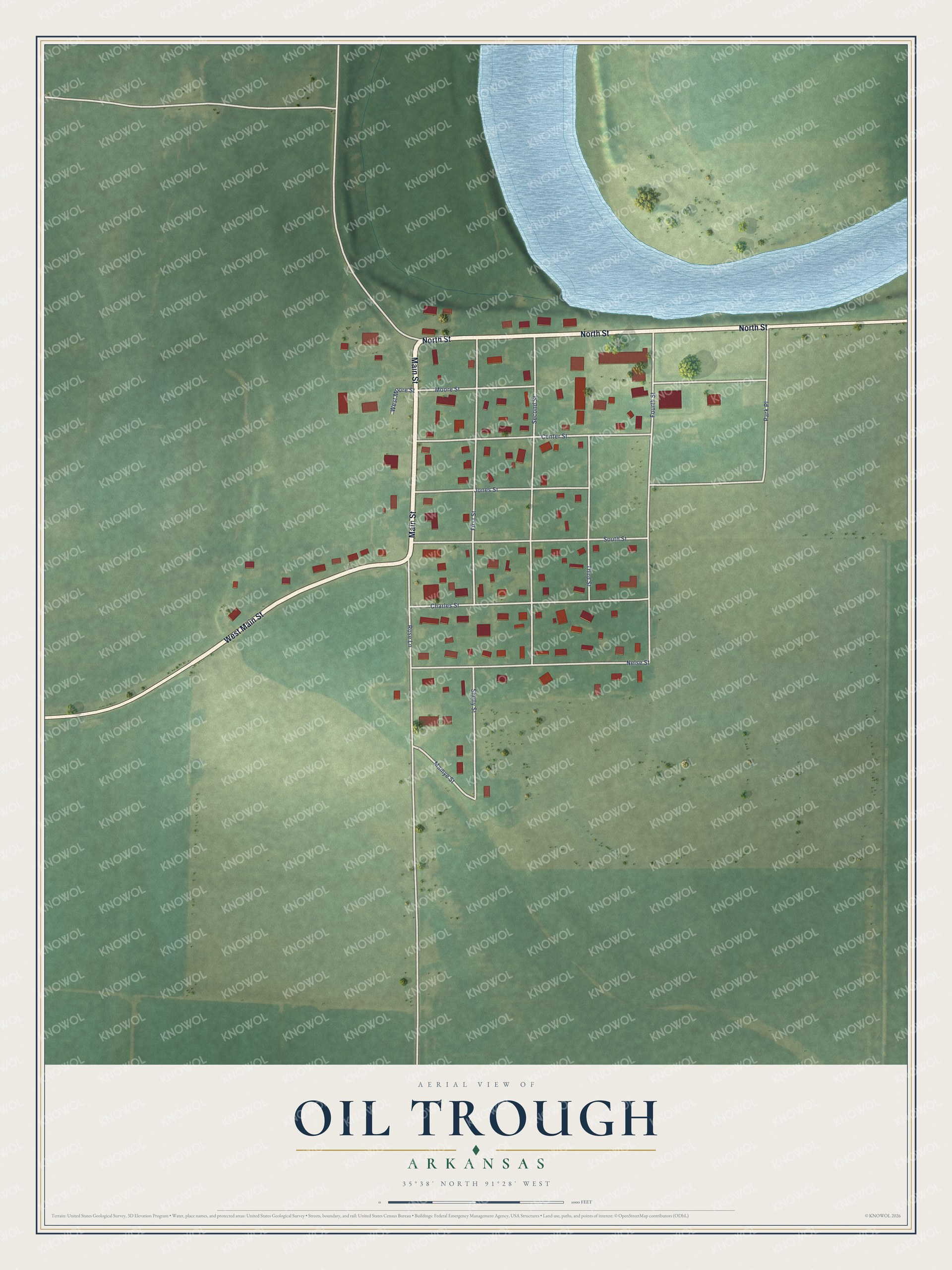 Full map of Oil Trough, Arkansas, with red buildings, printed street names and the land around them