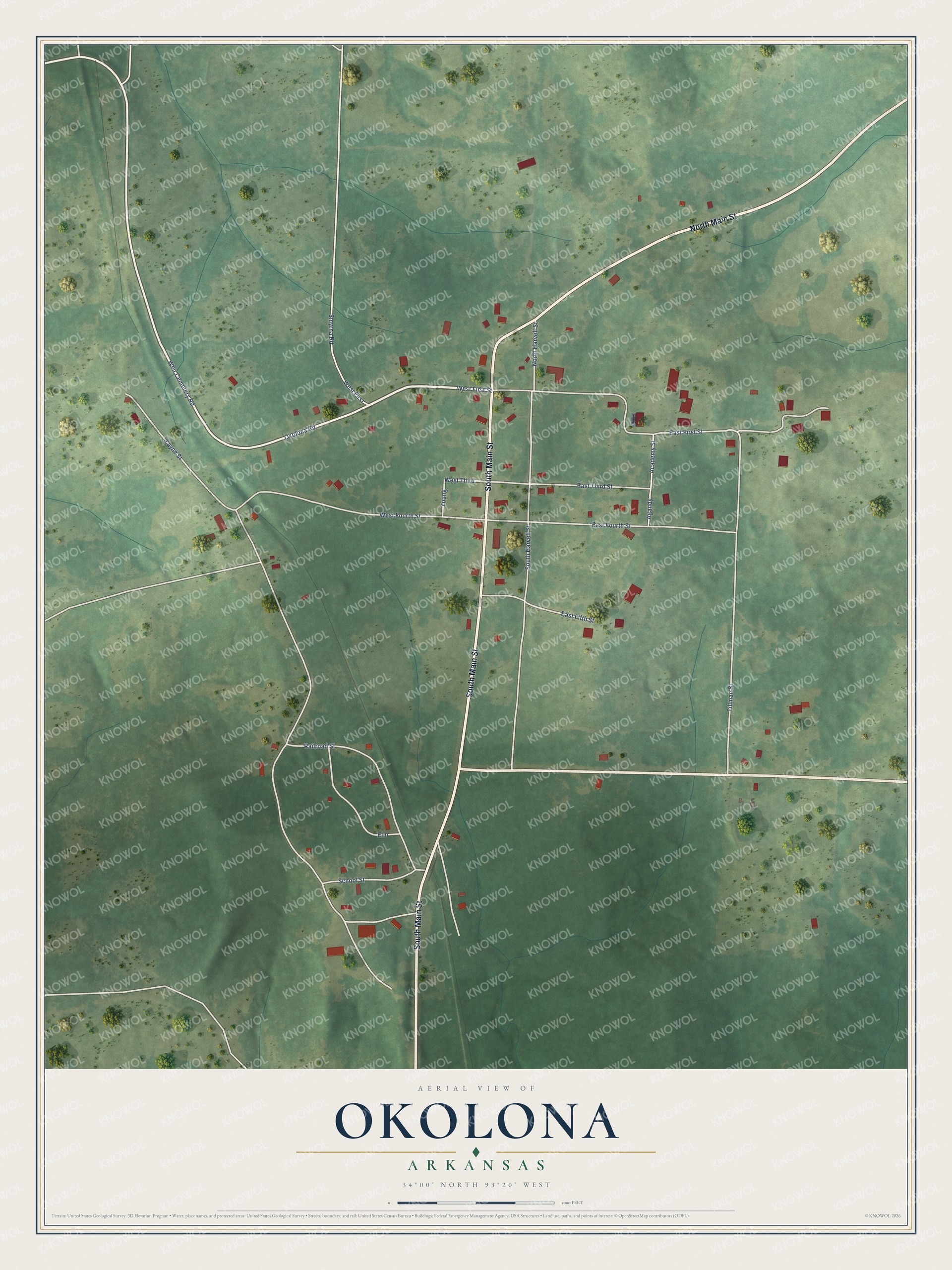 Full map of Okolona, Arkansas, with red buildings, printed street names and the land around them