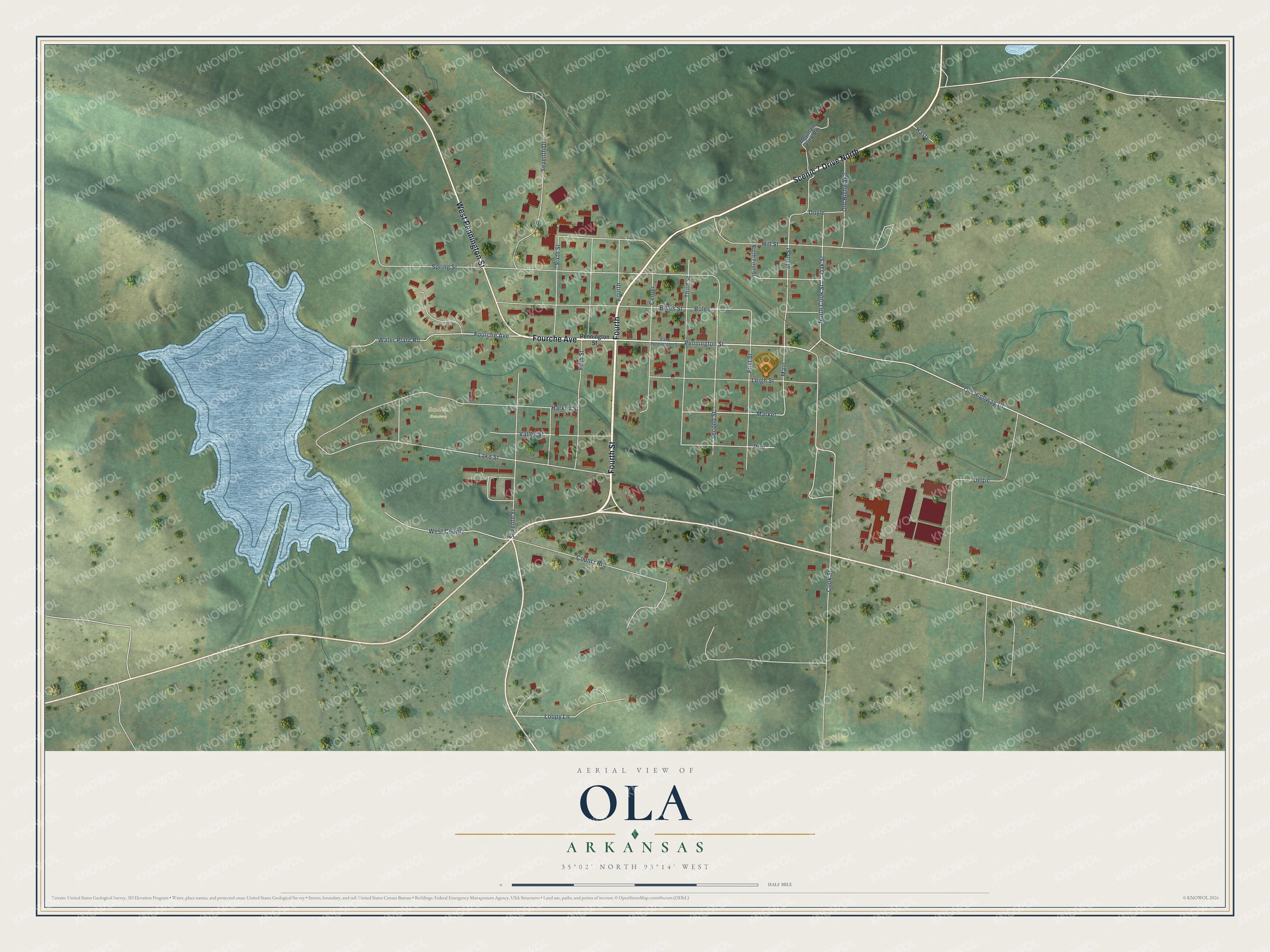 Full map of Ola, Arkansas, with red buildings, printed street names and the land around them