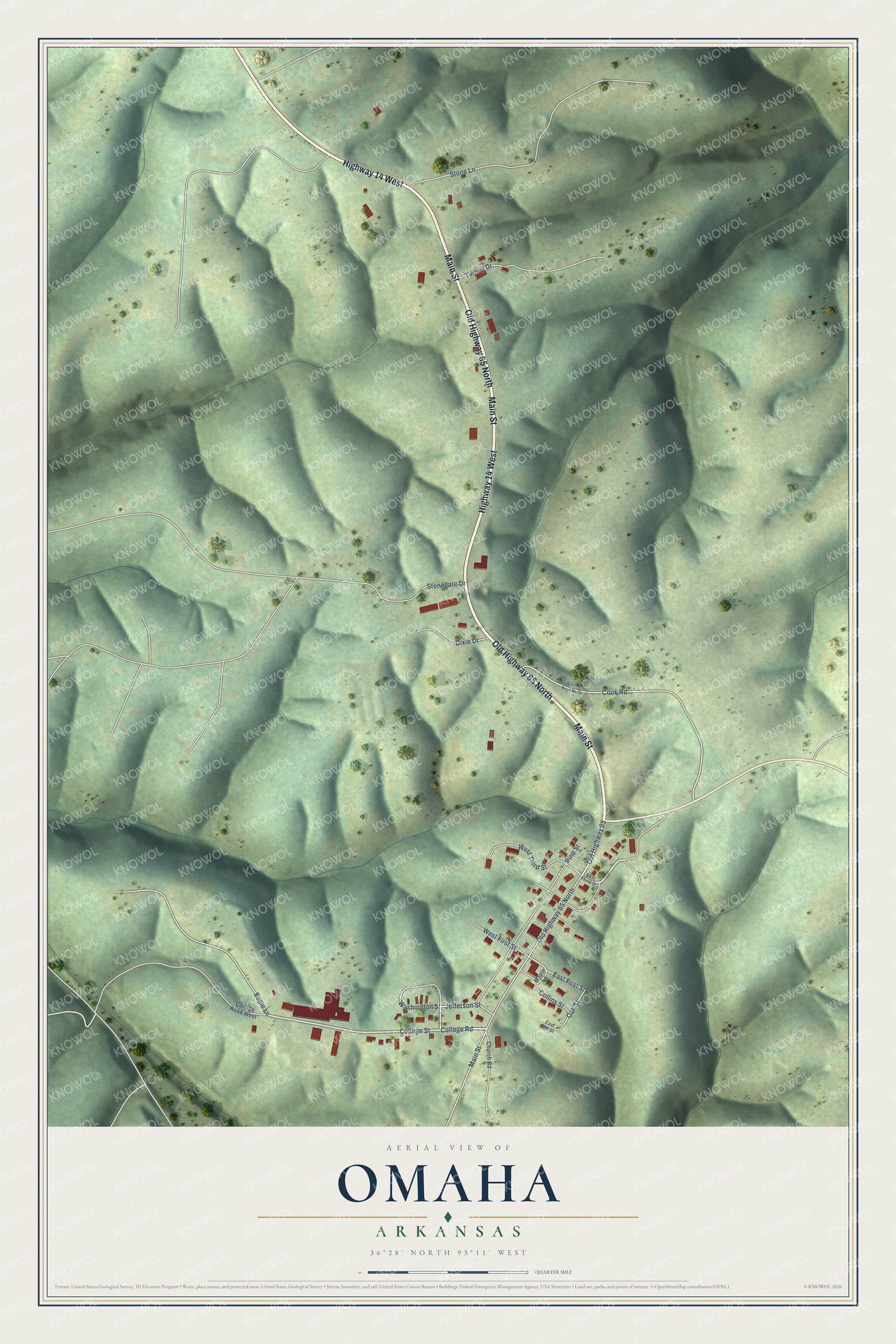 Full map of Omaha, Arkansas, with red buildings, printed street names and the land around them