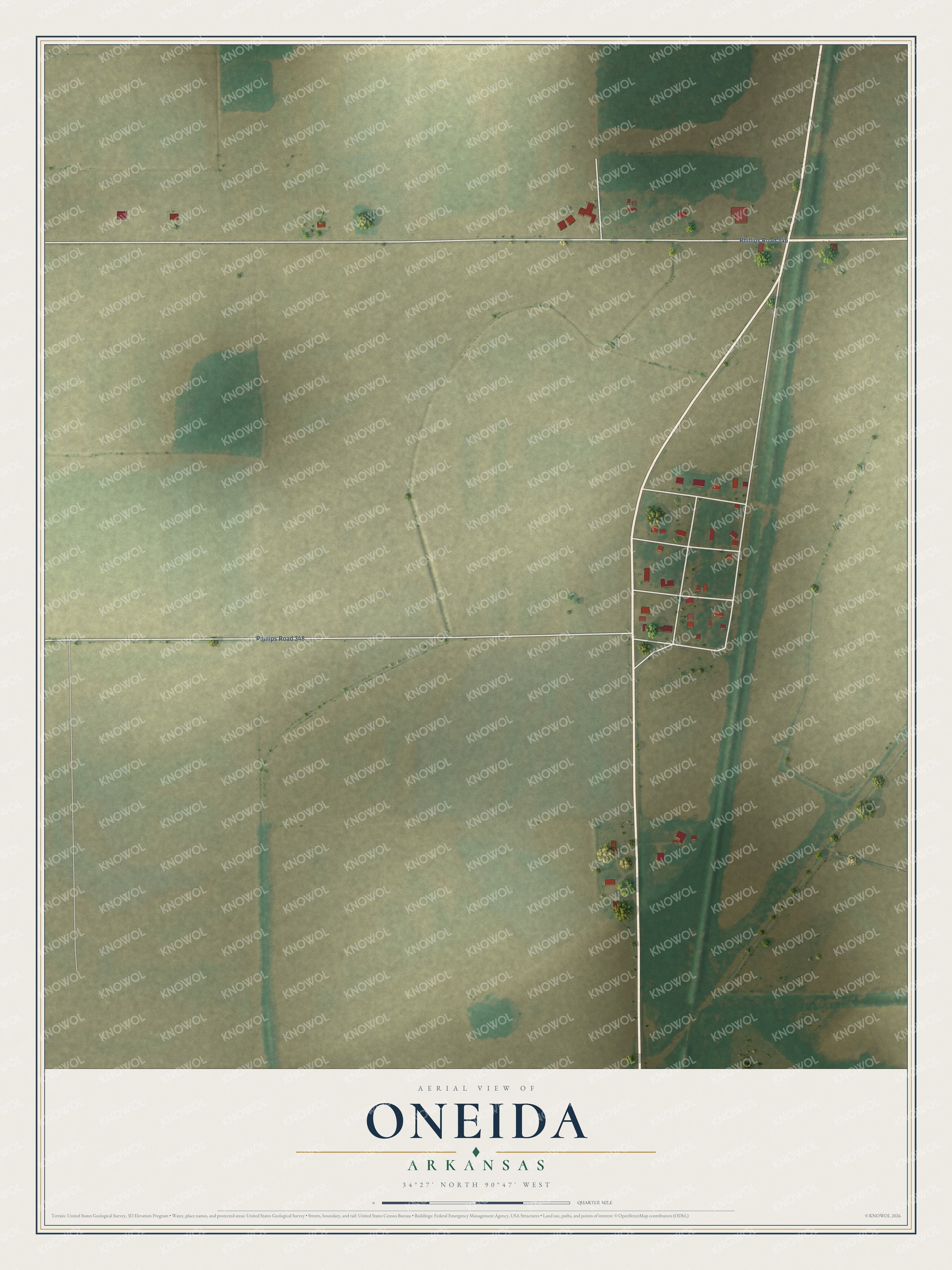 Full map of Oneida, Arkansas, with red buildings, printed street names and the land around them