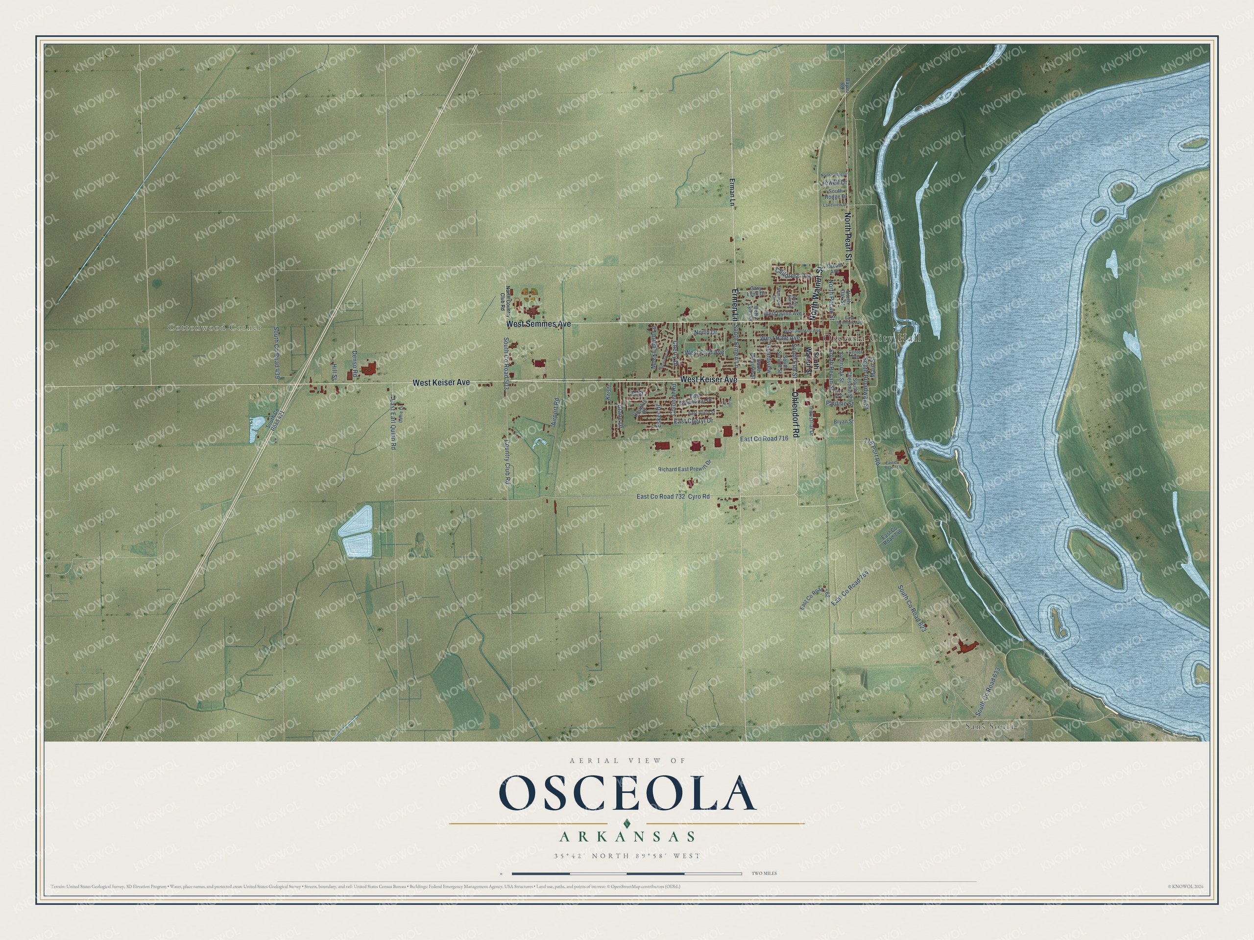 Full map of Osceola, Arkansas, with red buildings, printed street names and the land around them