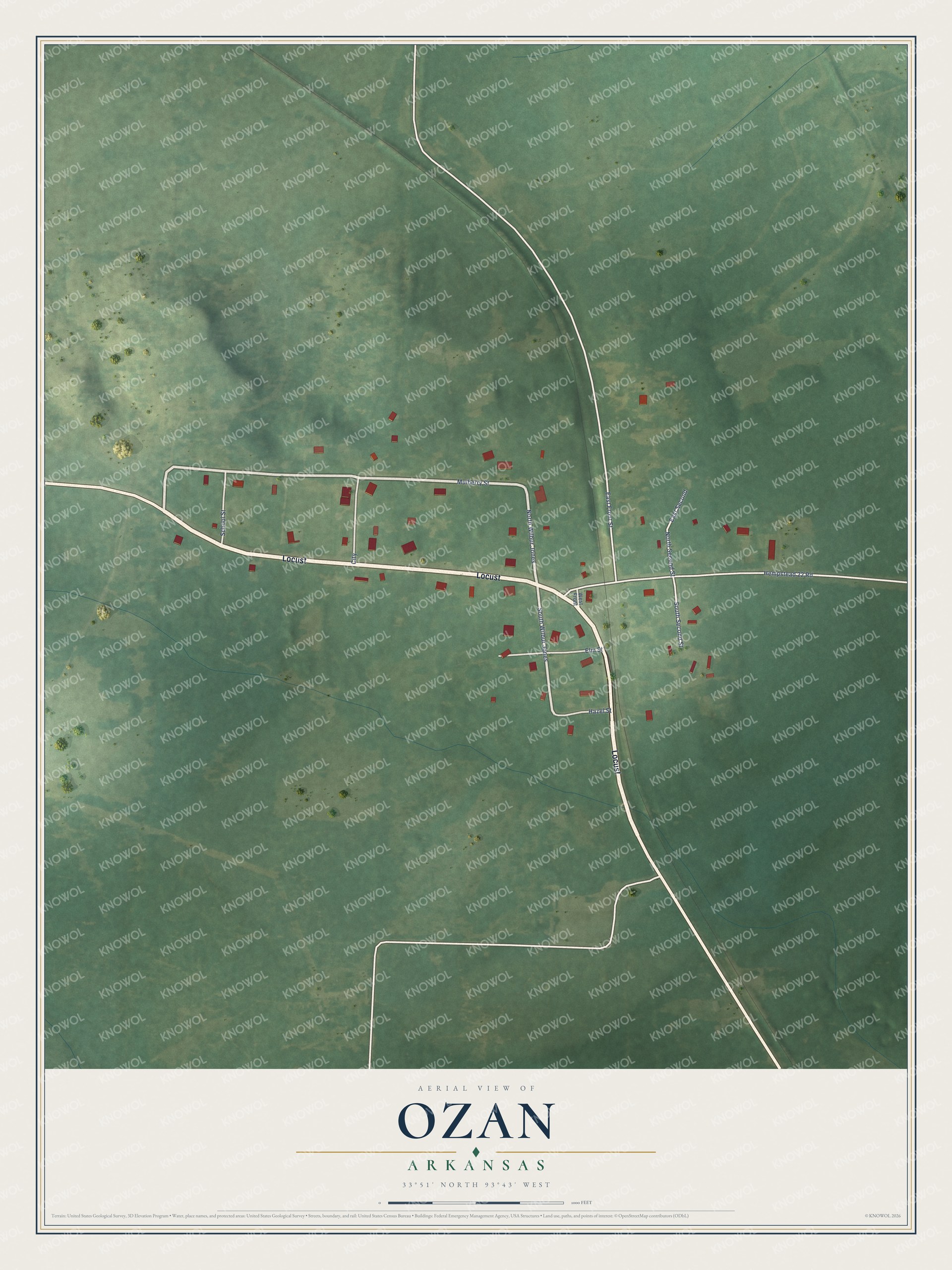 Full map of Ozan, Arkansas, with red buildings, printed street names and the land around them