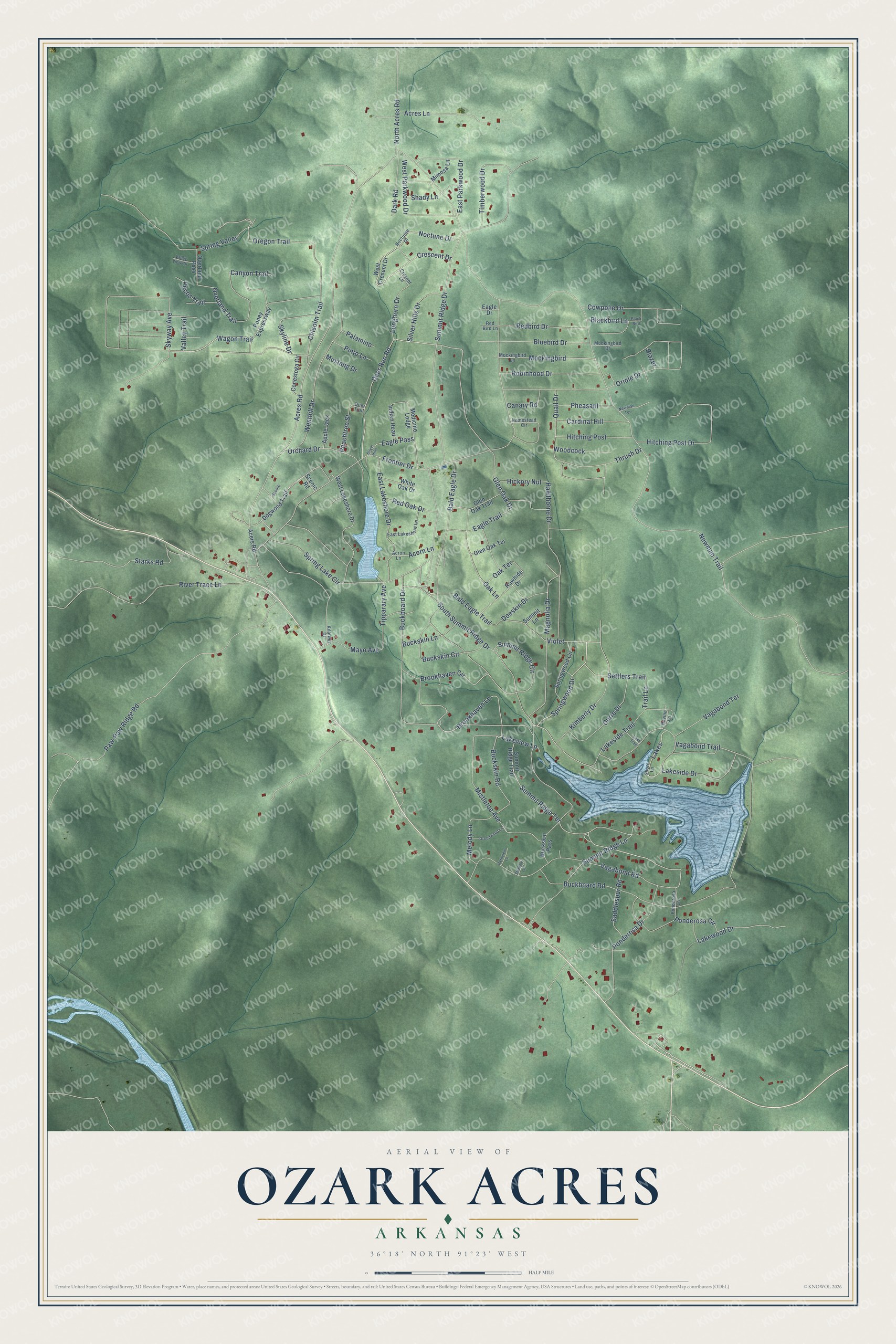 Full map of Ozark Acres, Arkansas, with red buildings, printed street names and the land around them