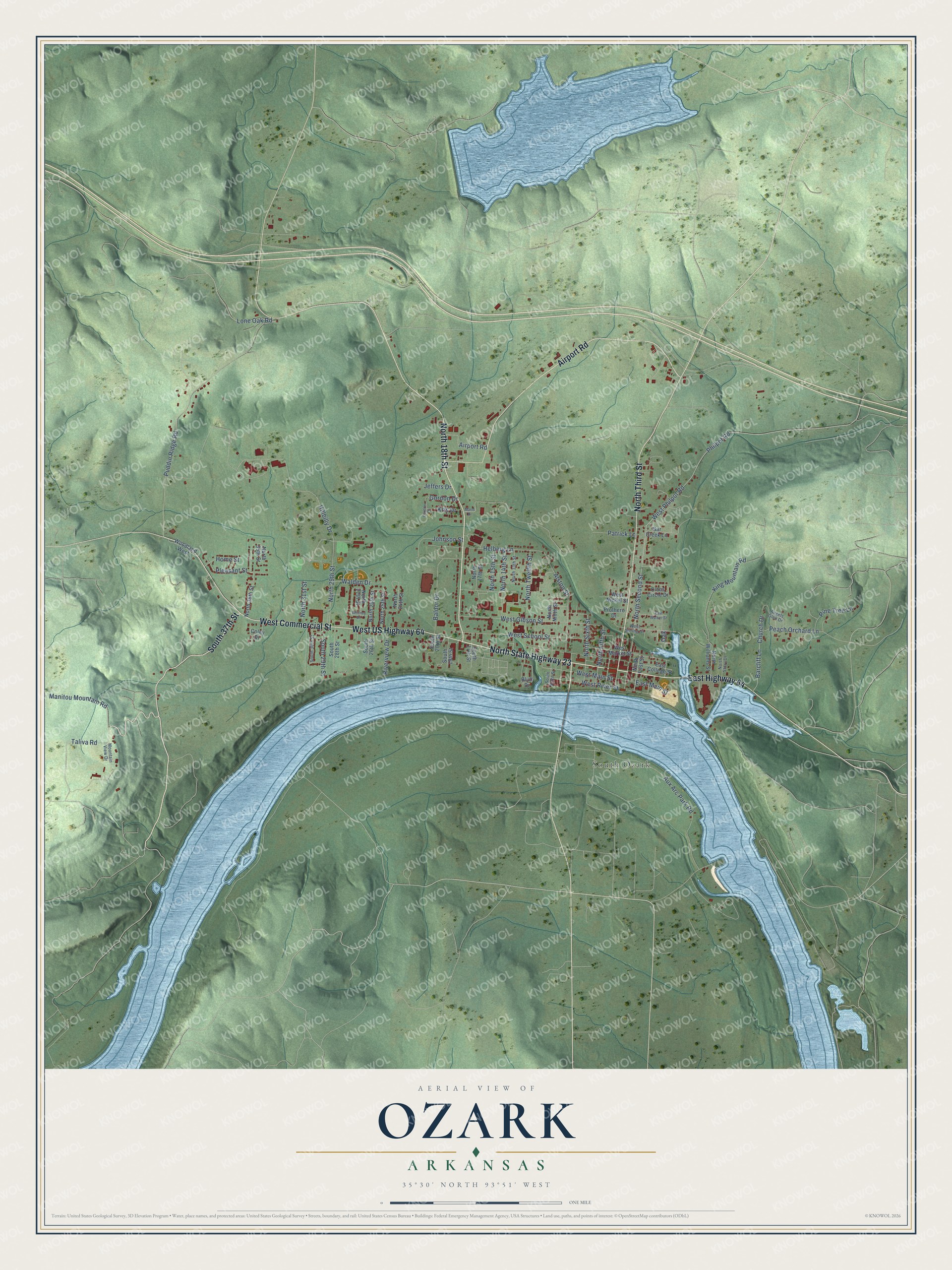 Full map of Ozark, Arkansas, with red buildings, printed street names and the land around them
