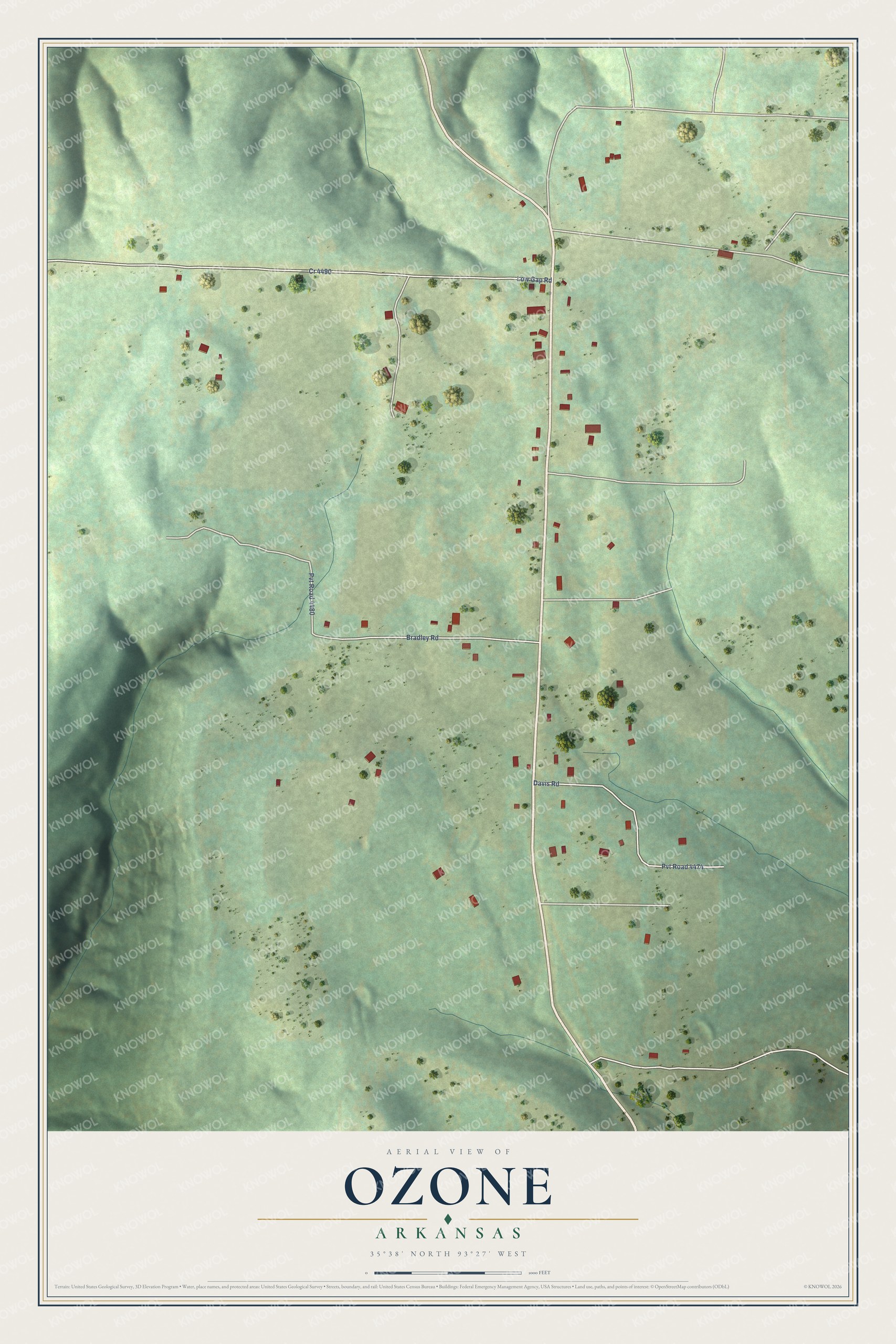 Full map of Ozone, Arkansas, with red buildings, printed street names and the land around them