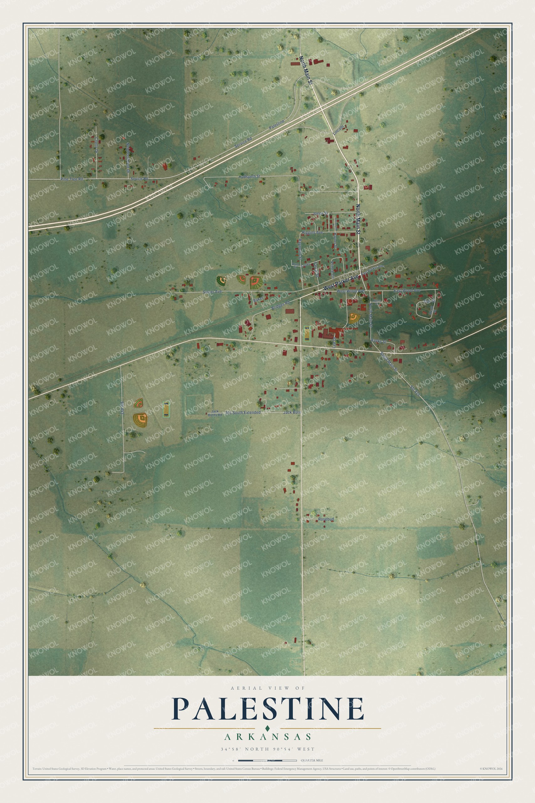 Full map of Palestine, Arkansas, with red buildings, printed street names and the land around them