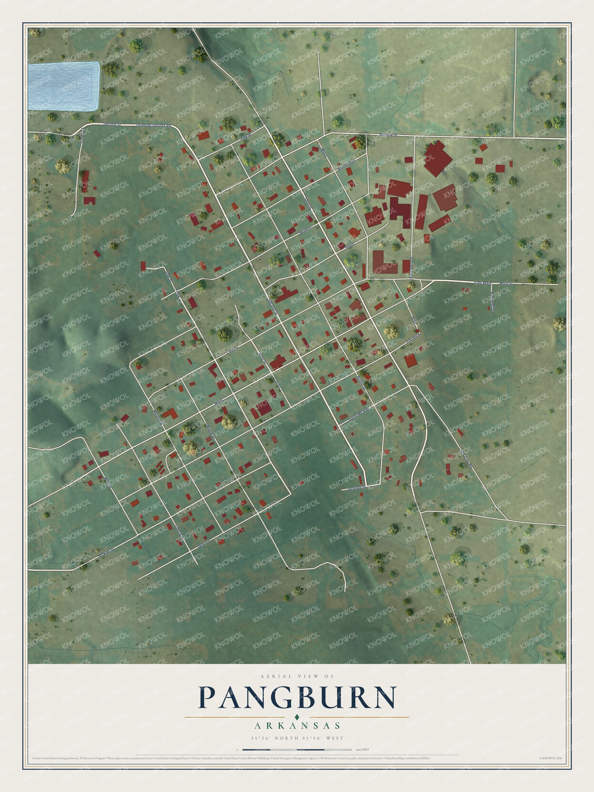 Full map of Pangburn, Arkansas, with red buildings, printed street names and the land around them