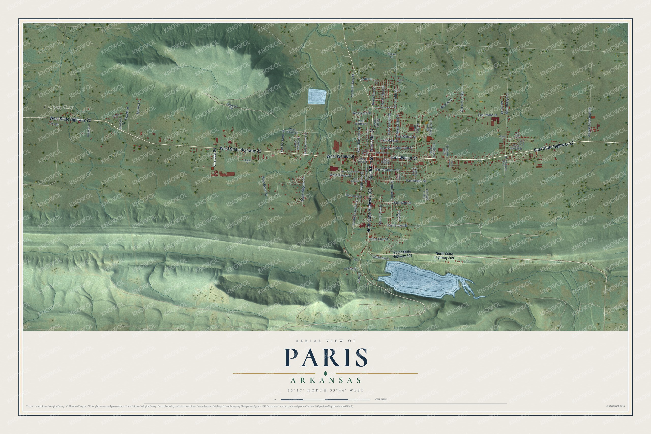 Full map of Paris, Arkansas, with red buildings, printed street names and the land around them