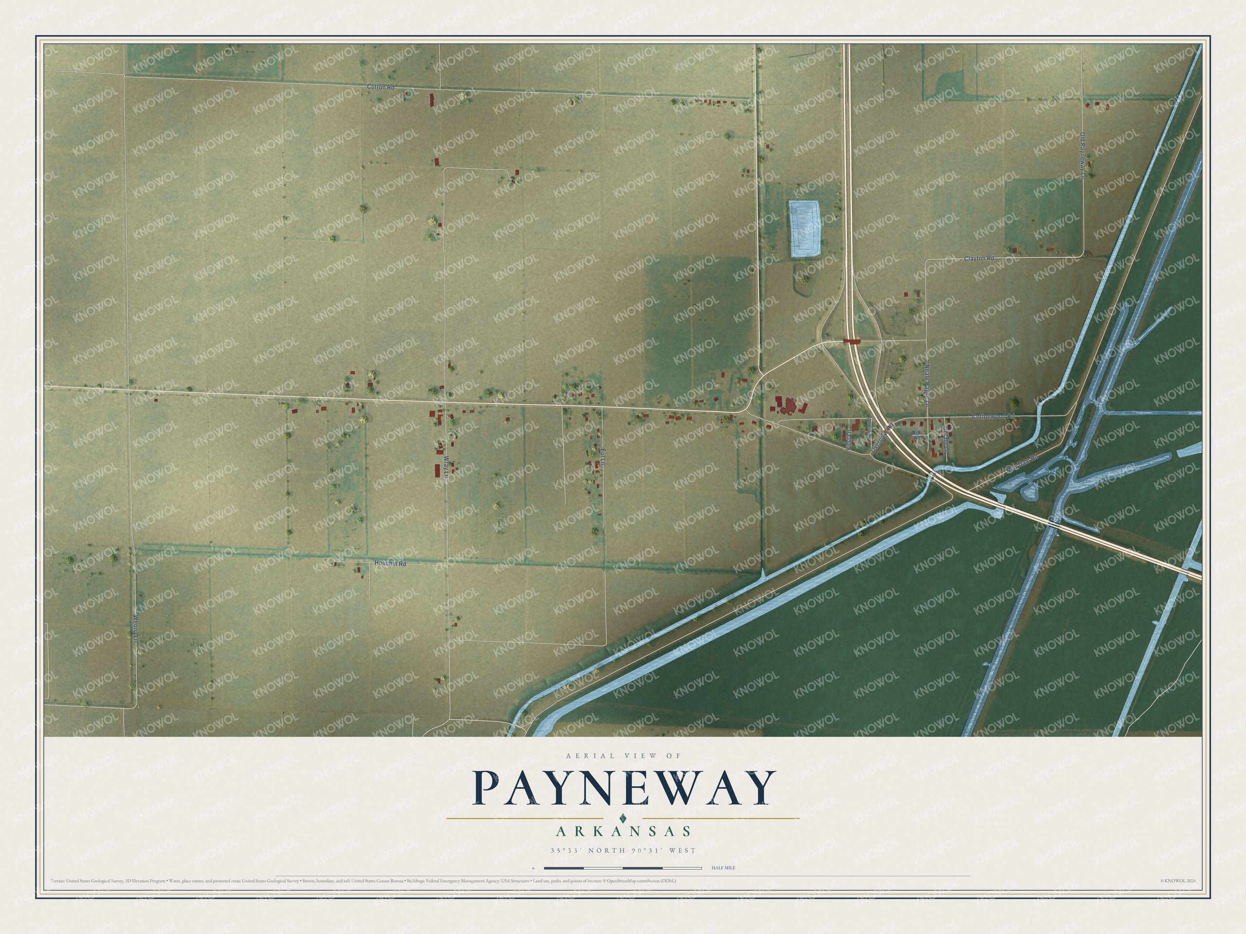 Full map of Payneway, Arkansas, with red buildings, printed street names and the land around them