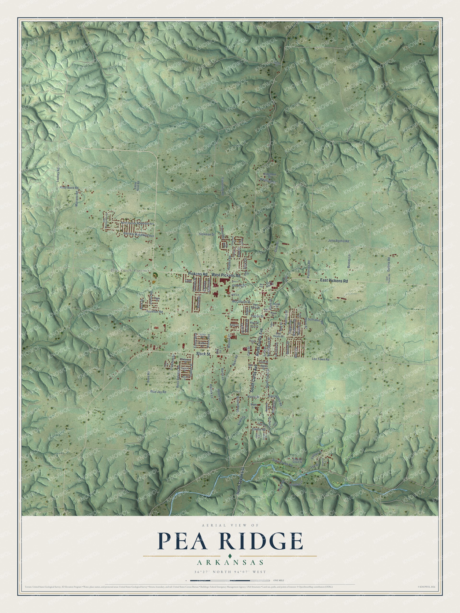 Full map of Pea Ridge, Arkansas, with red buildings, printed street names and the land around them