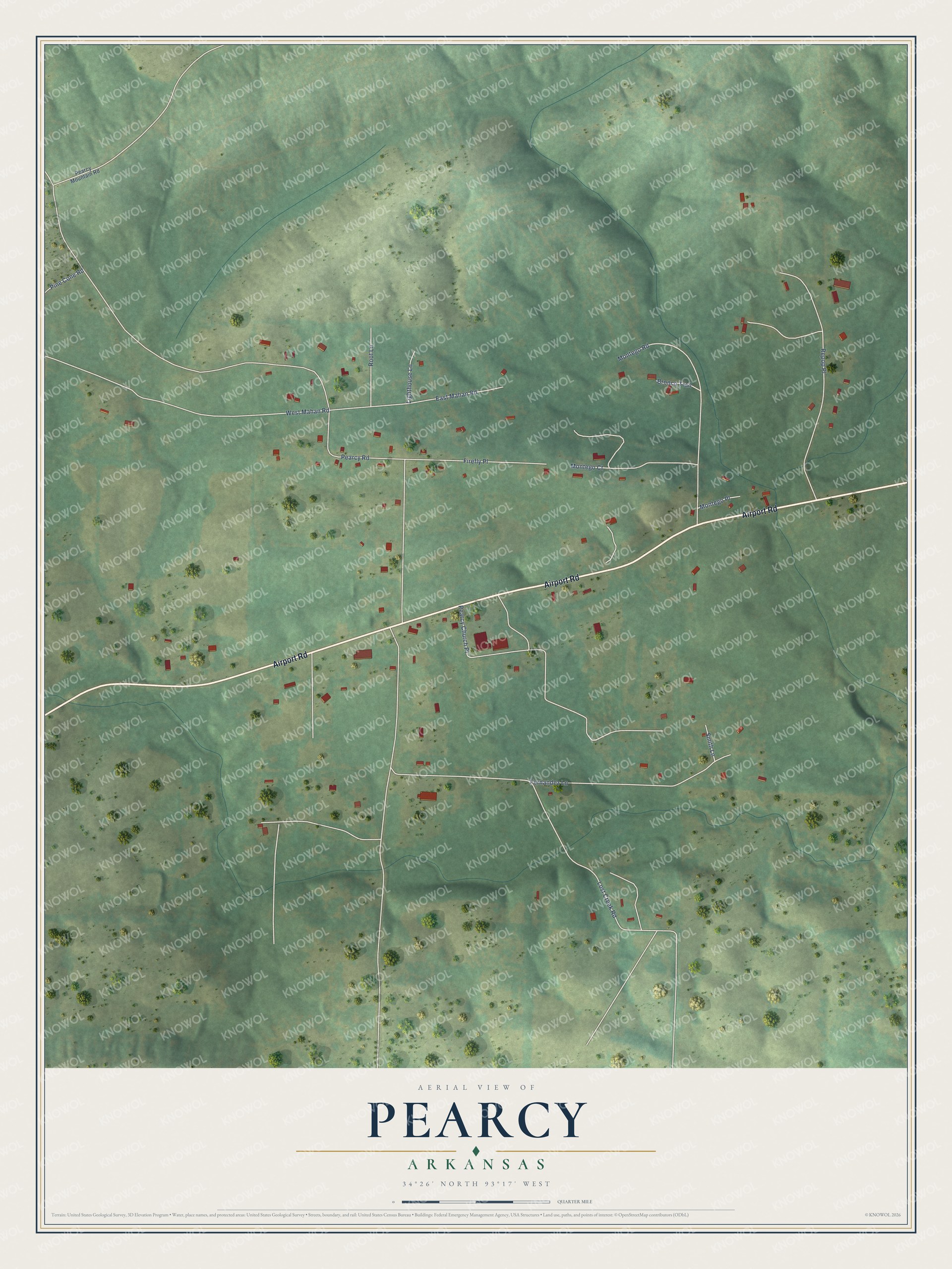 Full map of Pearcy, Arkansas, with red buildings, printed street names and the land around them