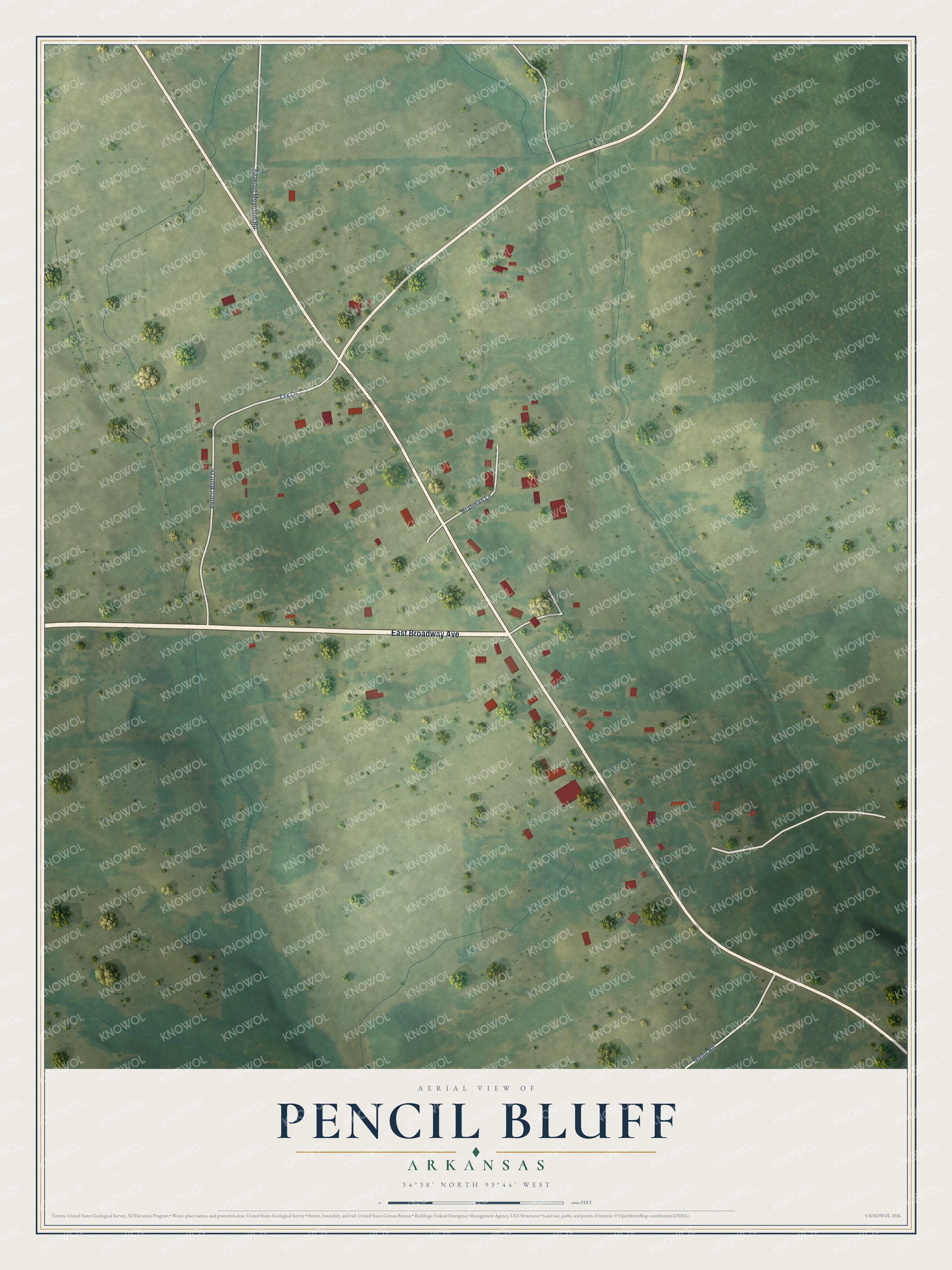 Full map of Pencil Bluff, Arkansas, with red buildings, printed street names and the land around them
