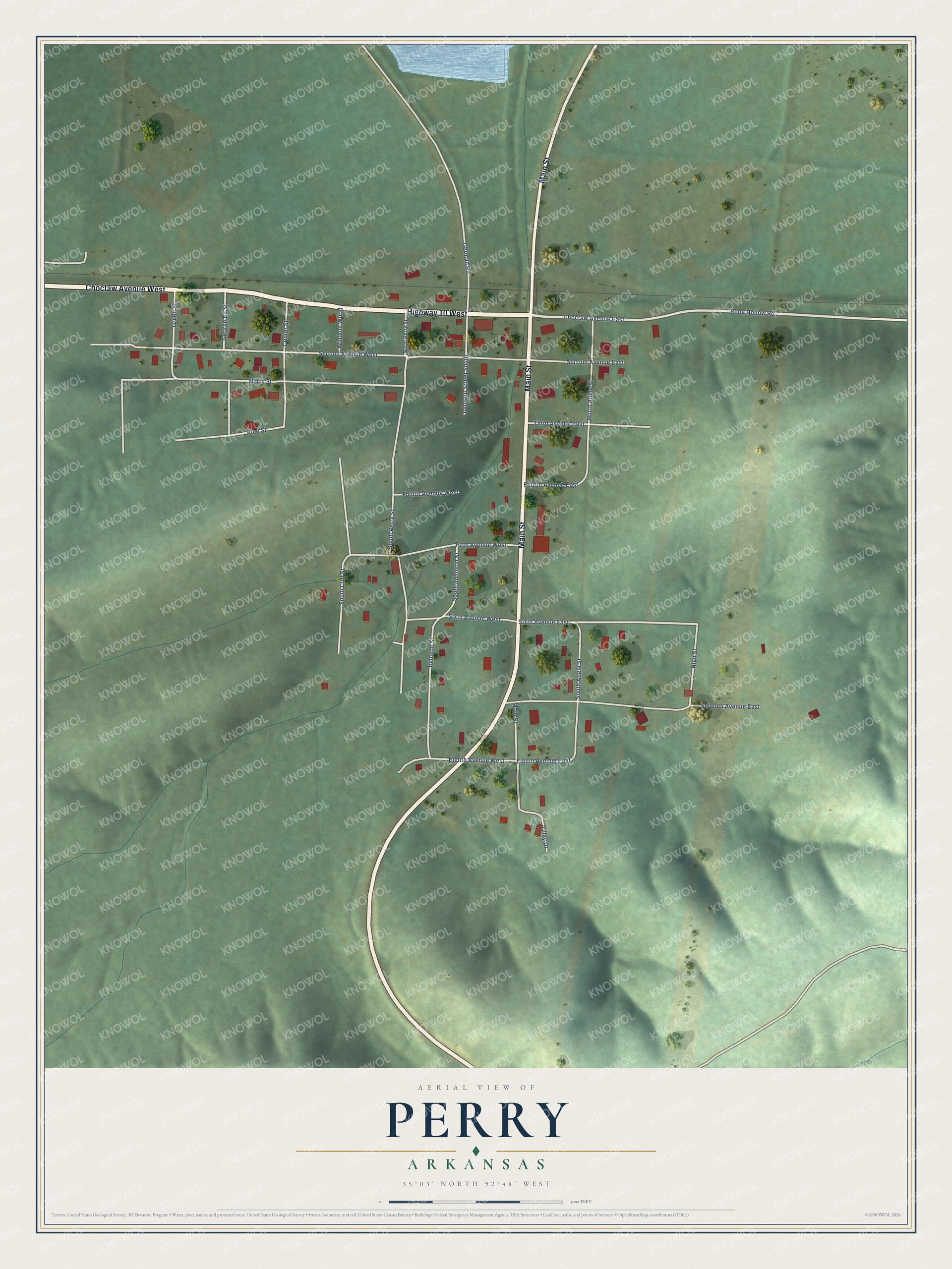 Full map of Perry, Arkansas, with red buildings, printed street names and the land around them