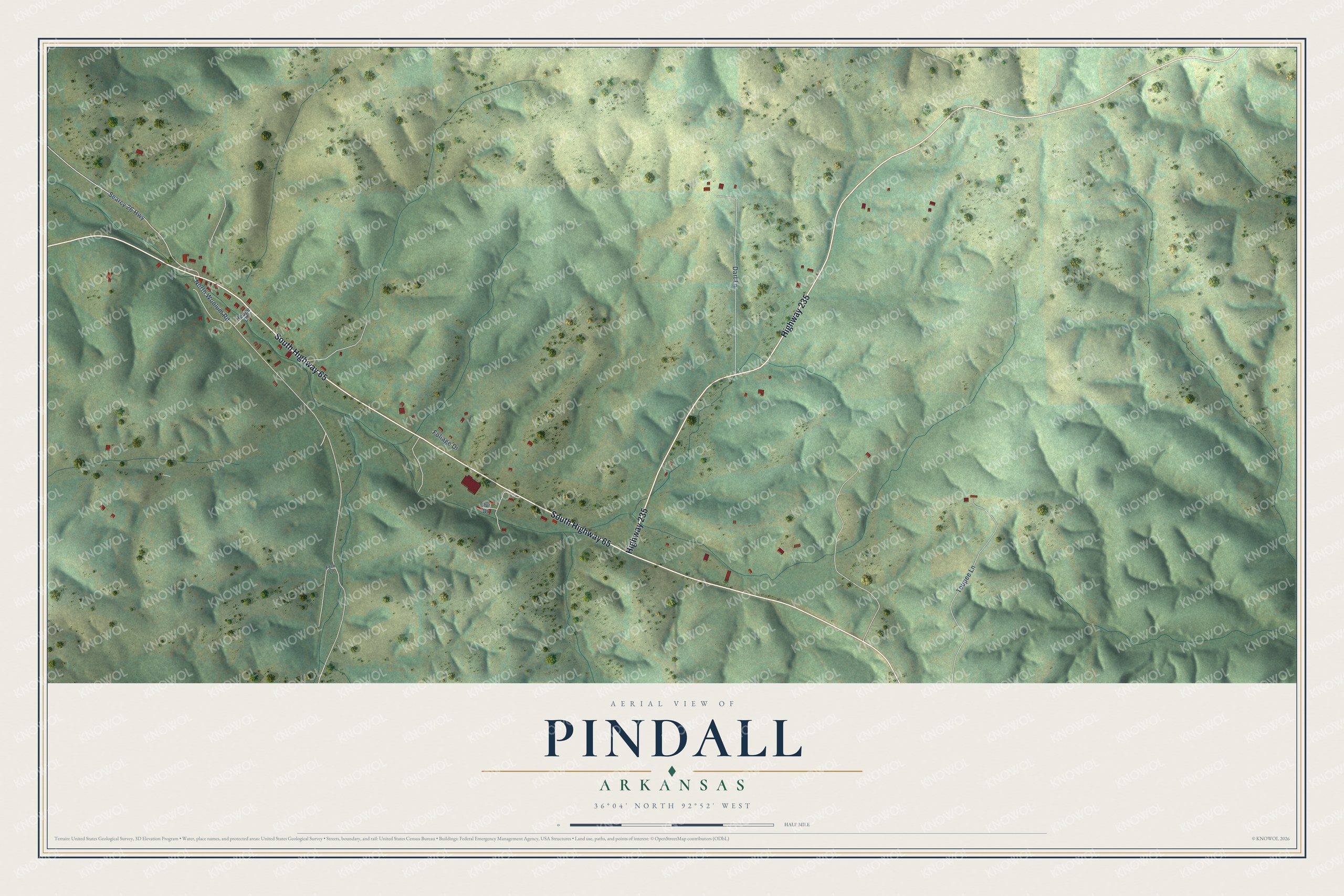 Full map of Pindall, Arkansas, with red buildings, printed street names and the land around them