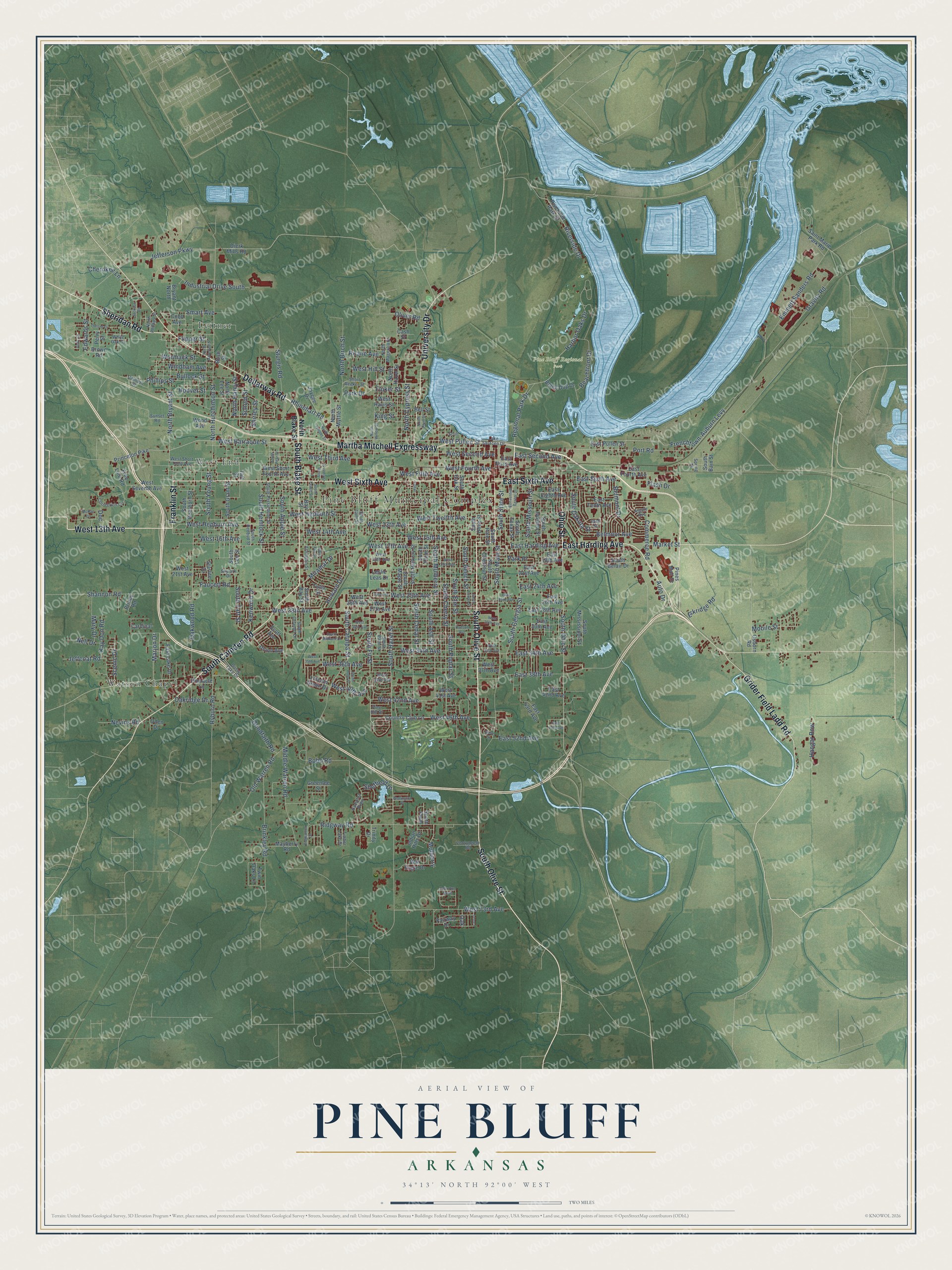 Full map of Pine Bluff, Arkansas, with red buildings, printed street names and the land around them