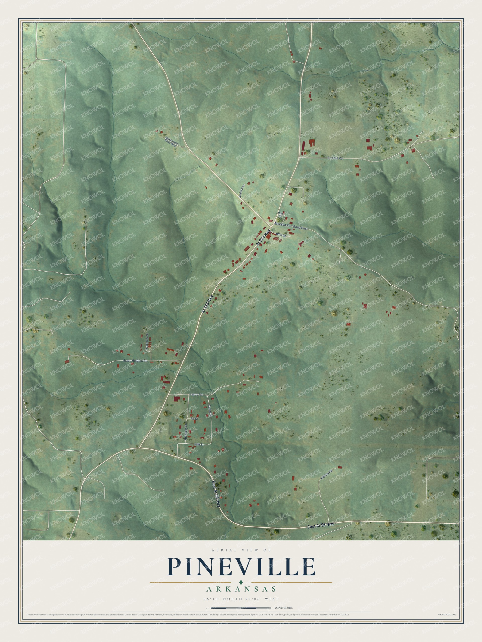 Full map of Pineville, Arkansas, with red buildings, printed street names and the land around them