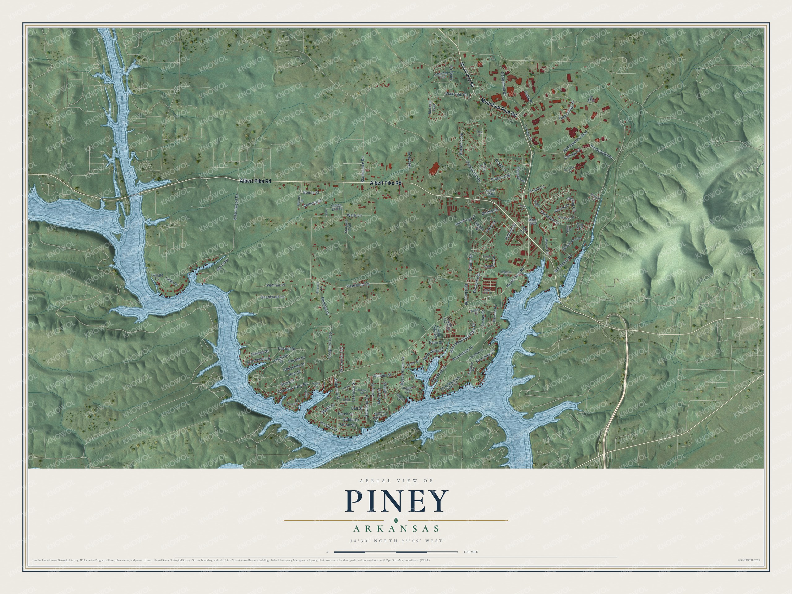 Full map of Piney, Arkansas, with red buildings, printed street names and the land around them