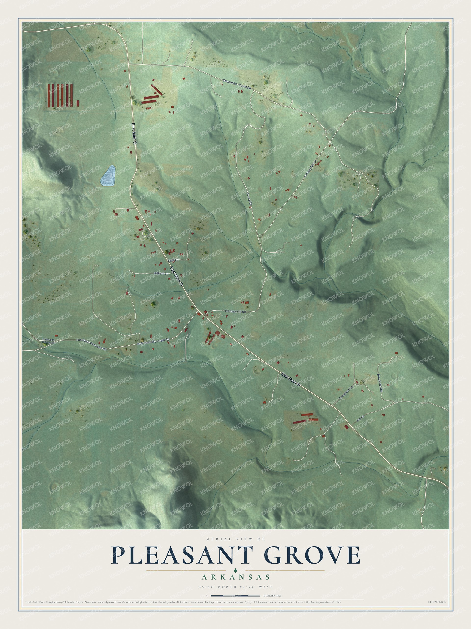 Full map of Pleasant Grove, Arkansas, with red buildings, printed street names and the land around them
